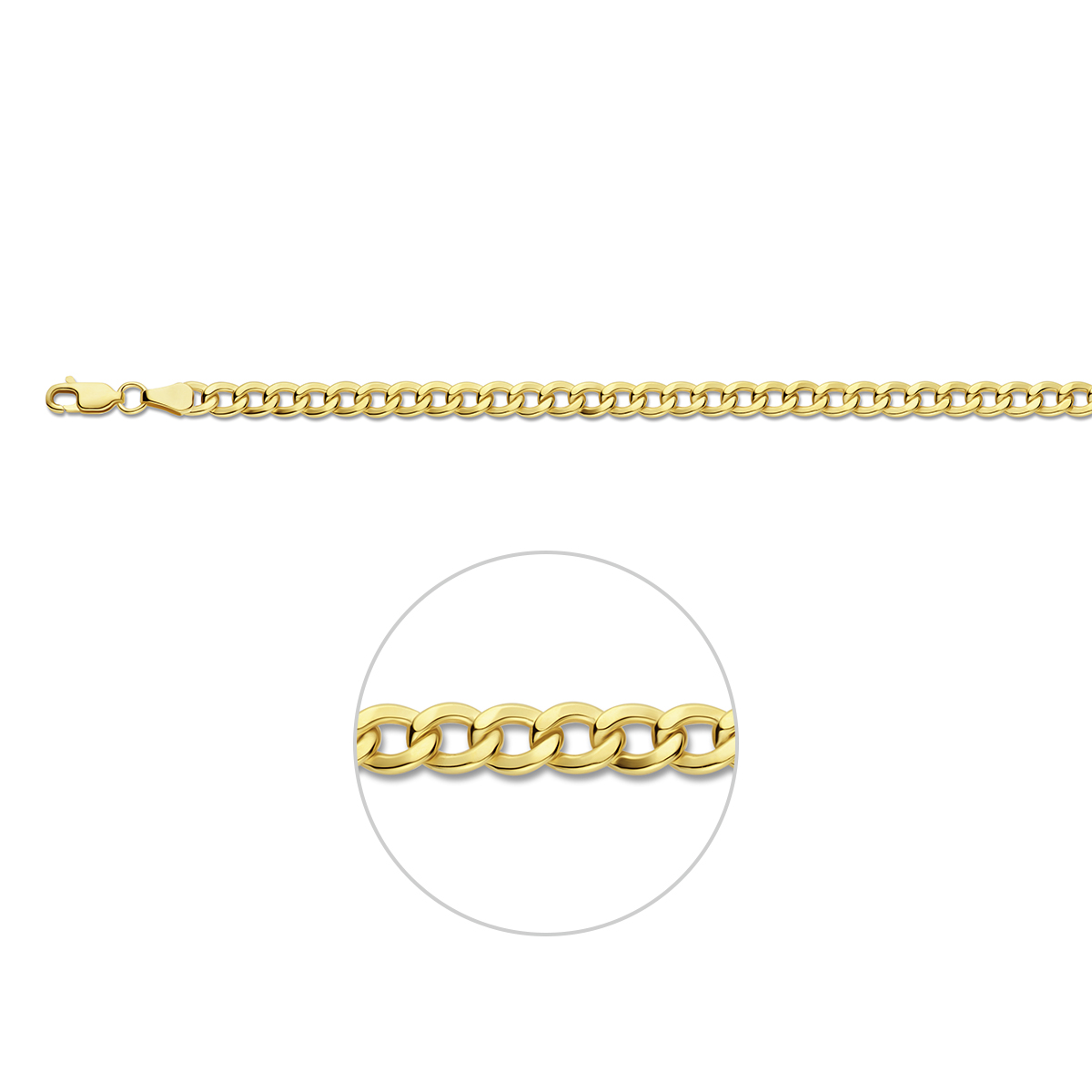 Beschrijving: Sieraden van 14 karaat goud met daarin een kern van 925 zilver. Geelgouden armband met geslepen gourmet schakel. 
Doelgroep: heren
Breedte: 5 mm
Langste lengte: 19 cm