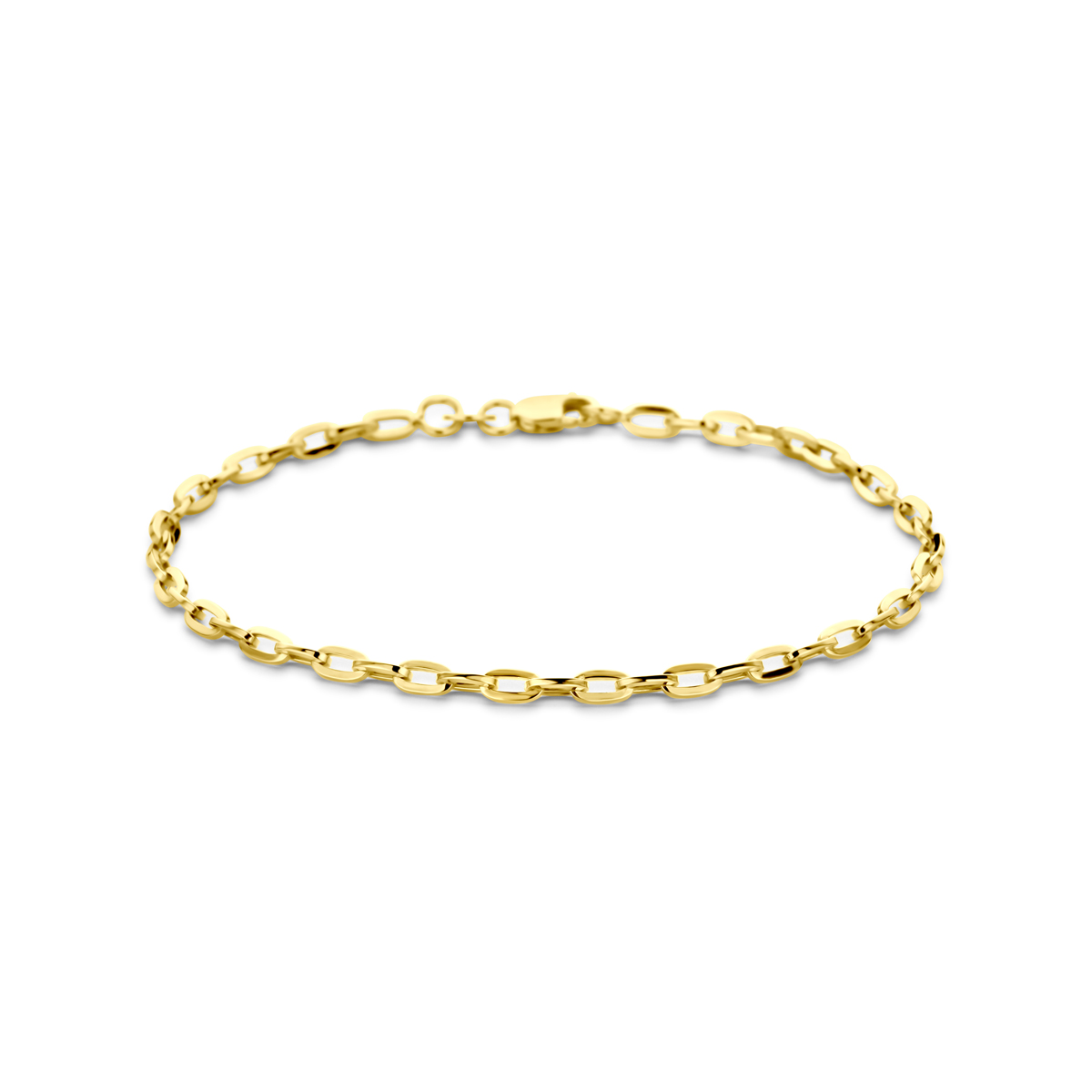 14k Geelgouden anker armband met daarin een kern van 925 zilver. De armband heeft een schakelbreedte van 3mm, een draaglengte van 19cm en is uitgevoerd met een stevige karabijn sluiting.