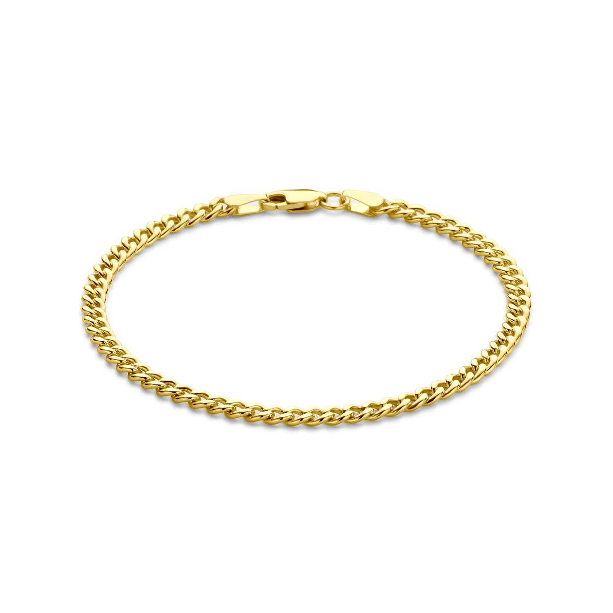 14k Geelgouden lengteartikel met een kern van 925 zilver. De schakelbreedte is 3.7mm. Uitgevoerd met karabijnsluiting.