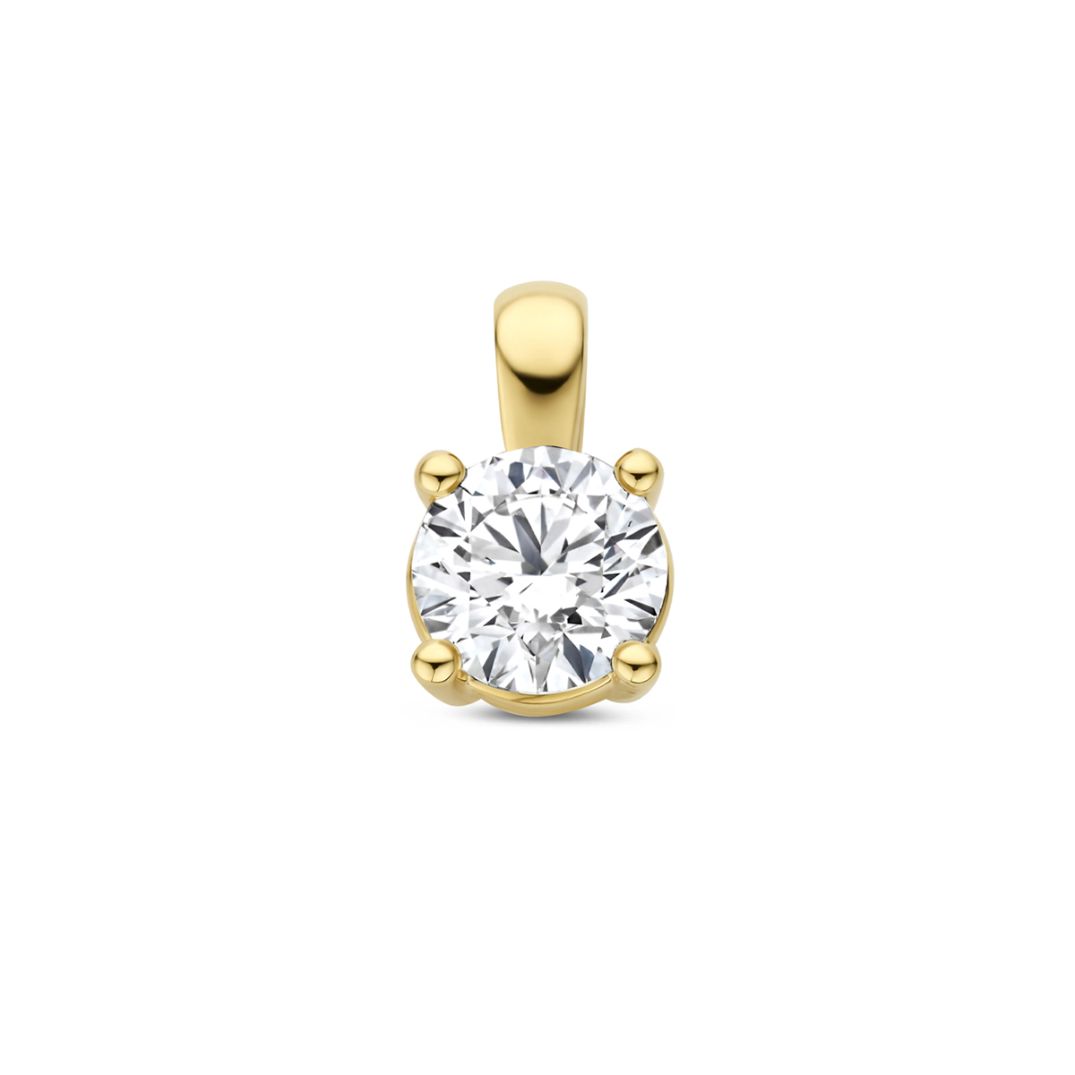 14k Geelgouden hanger uitgevoerd met lab grown diamant. De hanger heeft een hoogte van 9.5mm. Lab grown diamanten zijn diamanten die ontstaan in een laboratorium. Onder extreem hoge druk en temperatuur wordt het natuurlijk ontstaansproces nagebootst met als eindresultaat een diamant met dezelfde chemische eigenschappen maar met een andere oorsprong.