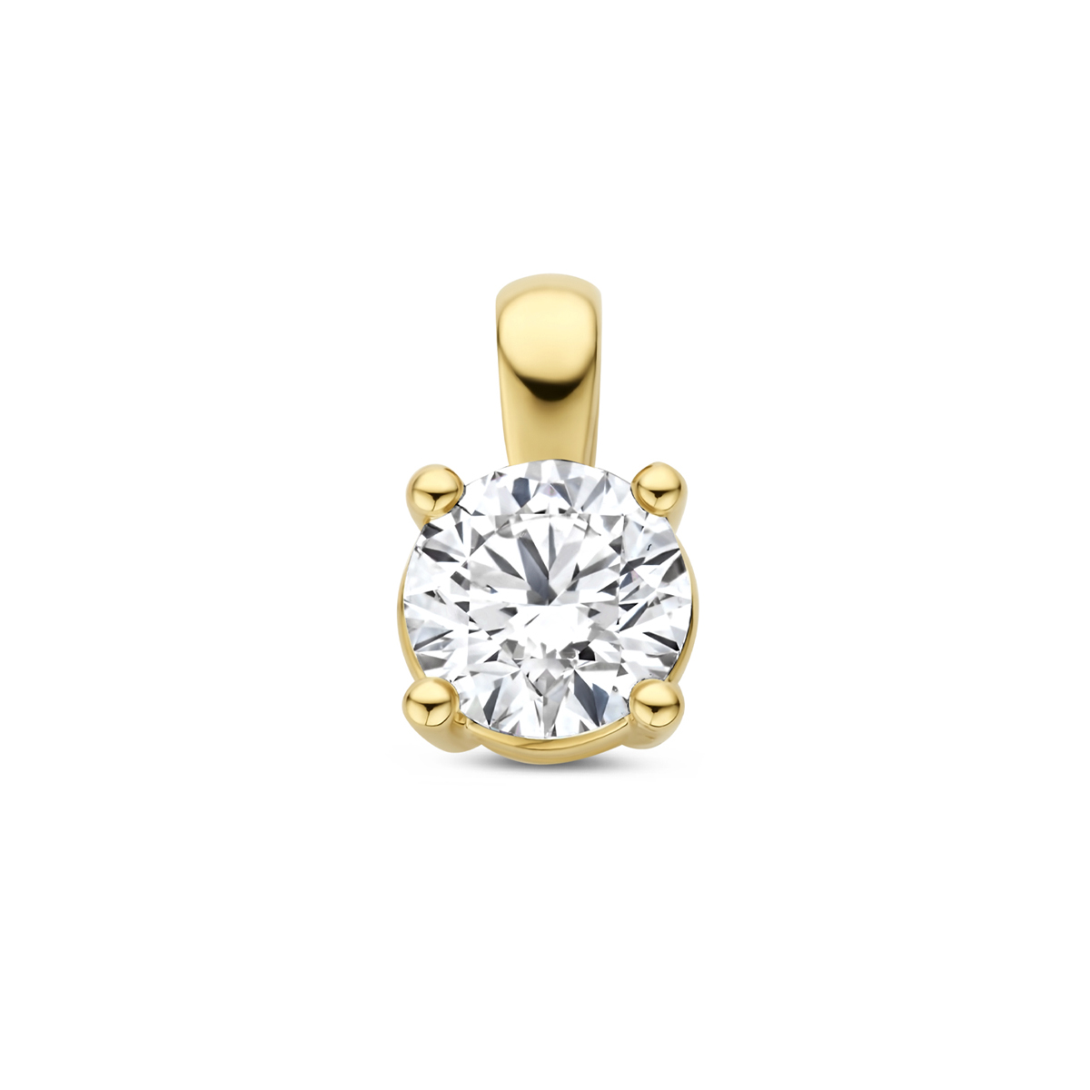 14k Geelgouden hanger uitgevoerd met lab grown diamant. De hanger heeft een totale hoogte van 11.5mm. Lab grown diamanten zijn diamanten die ontstaan in een laboratorium. Onder extreem hoge druk en temperatuur wordt het natuurlijk ontstaansproces nagebootst met als eindresultaat een diamant met dezelfde chemische eigenschappen maar met een andere oorsprong.