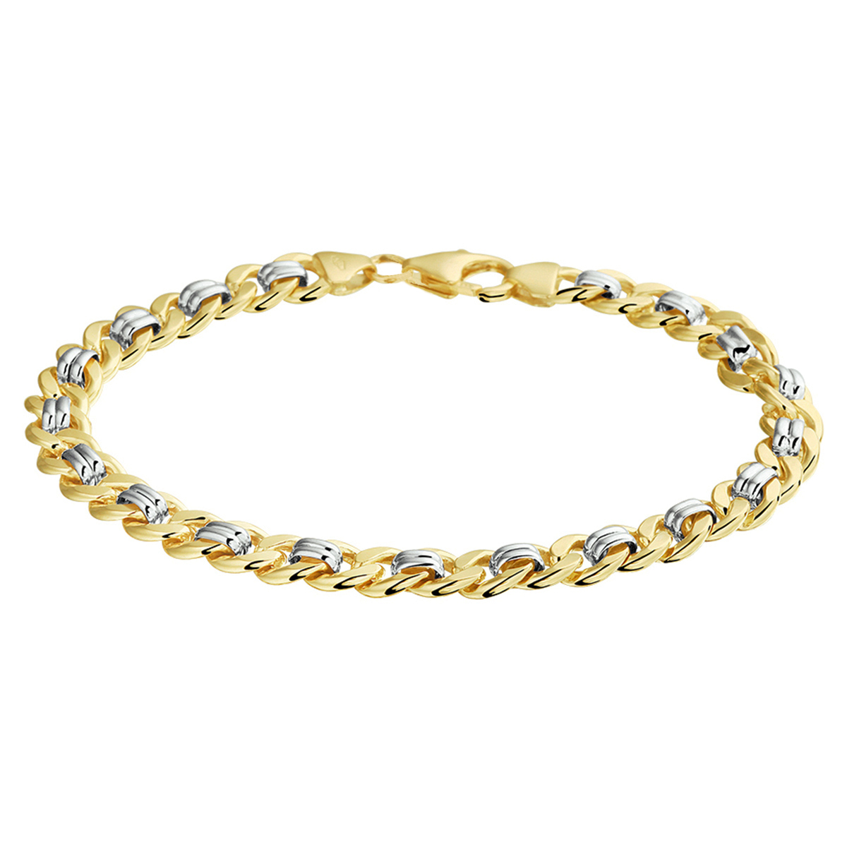 Sieraden van 14 karaat goud met daarin een kern van 925 zilver. Bicolor wit- en geelgouden armband met gourmette schakel. De schakelbreedte is 6.2mm.