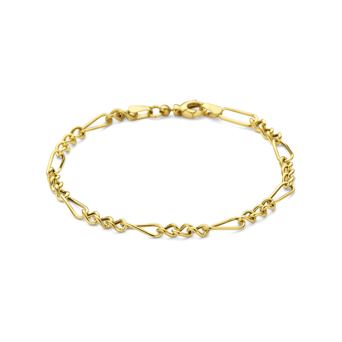 9k Geelkleurig armband met een schakelbreedte van 4mm. De armband heeft een draaglengte van 18.5cm en is uitgevoerd met een karabijnsluiting.