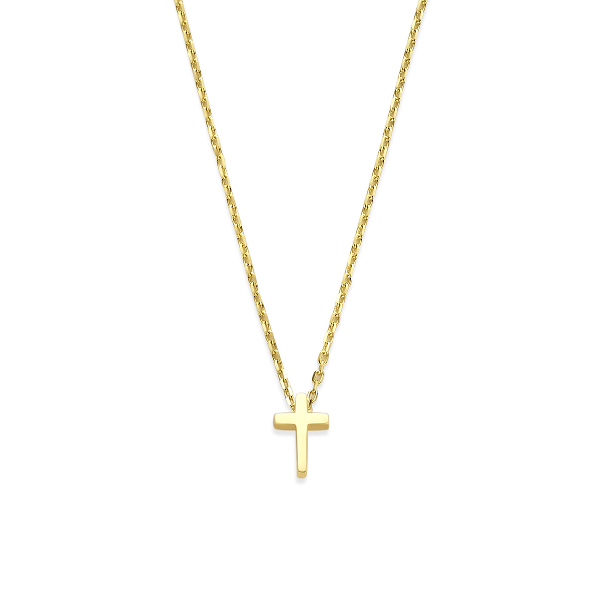 9k Geelkleurig collier uitgevoerd met een kruis. Het collier heeft draaglengtes van 41-43-45cm en een schakelbreedte van 1mm.
