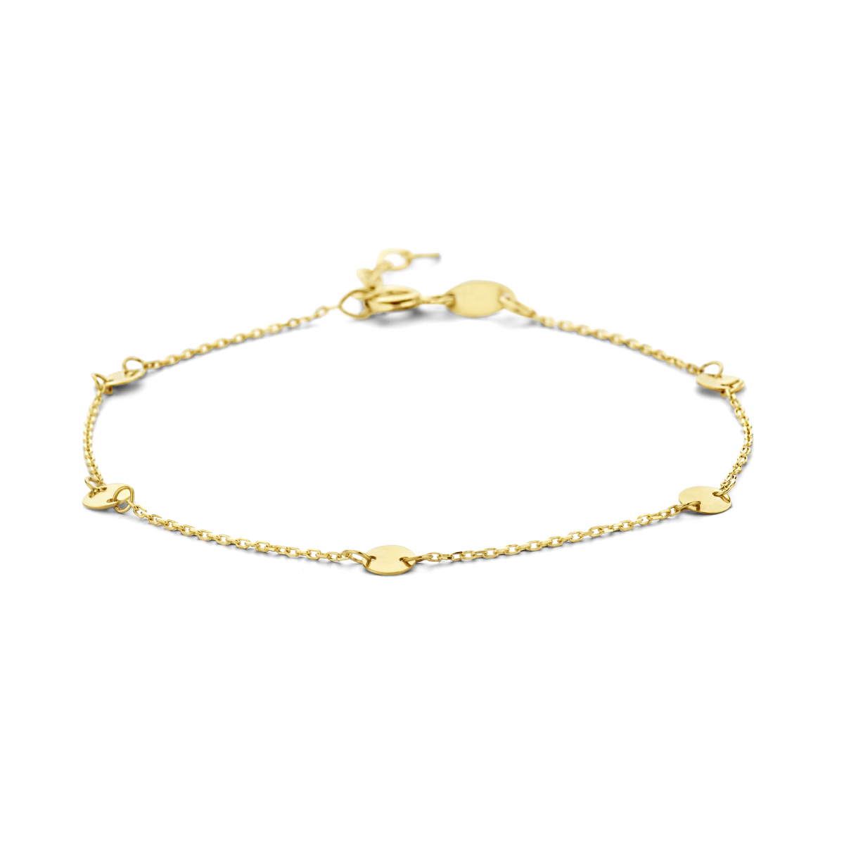 9k Geelkleurige armband uitgevoerd met ronde plaatjes van 4mm. De armband heeft een schakelbreedte van 0.8mm en draaglengte van 16.5 en 2cm extensie. Uitgevoerd met karabijnsluiting.