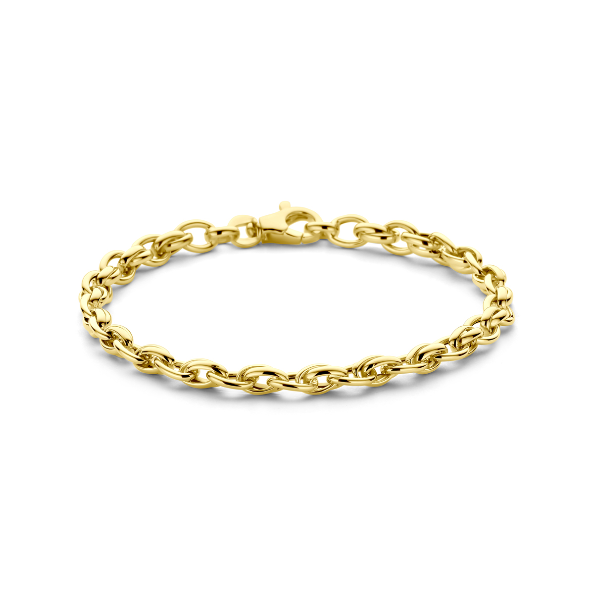 9k Geelkleurige armband. De armband heeft een draaglengte van 19cm en een schakelbreedte van 5.0mm. Uitgevoerd met een karabijnsluiting.