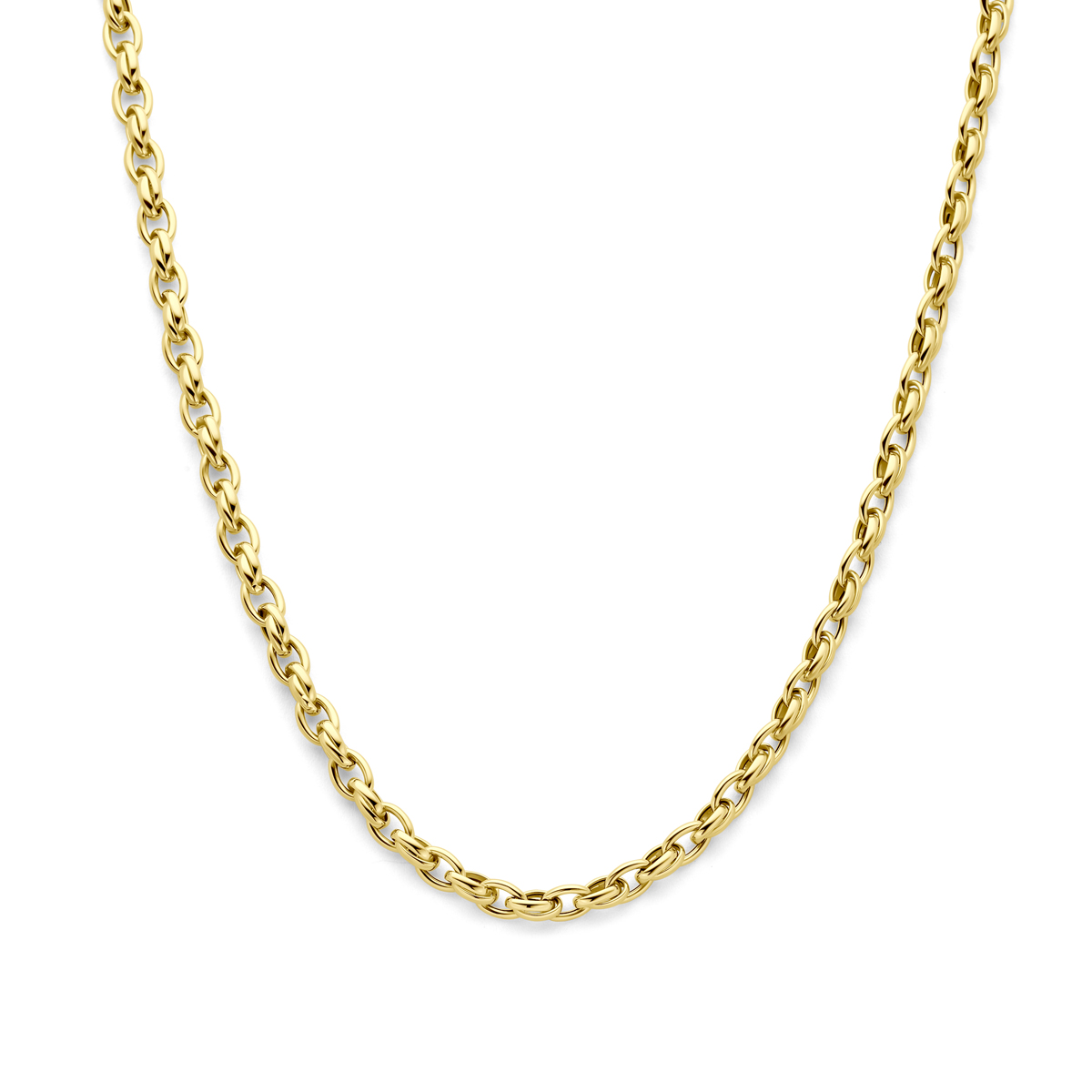 9k Geelkleurige collier. Het collier heeft een draaglengte van 45cm en een schakelbreedte van 5mm. Uitgevoerd met een karabijnsluiting.