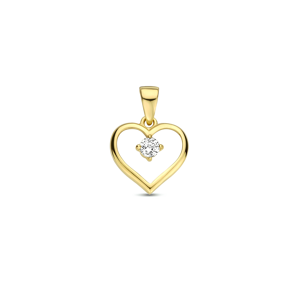 De 9 karaat hartvormige hanger met zirkonia (model 8000805) is een schitterende gouden hanger met een briljante zirkonia. Het is nieuw, weegt 0,28 gram, en meet 10 mm. Draag deze opvallende hanger solo aan een delicate ketting voor een elegante uitstraling. Ideaal voor dagelijks gebruik of speciale gelegenheden. Voeg deze charmante hanger toe aan je collectie!