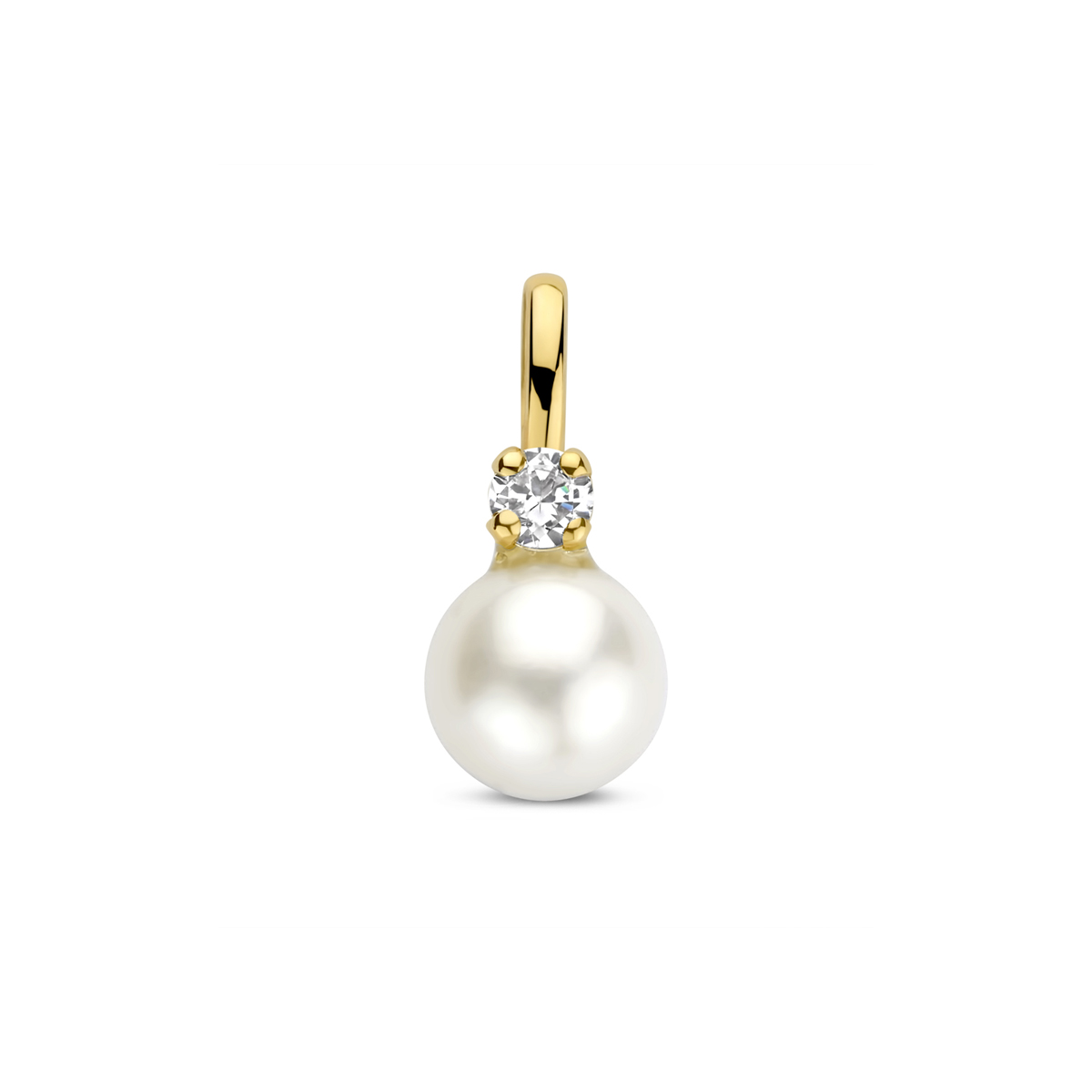 Geef je sieradencollectie een verfijnde touch met deze exclusieve 9K gouden hanger met parel en zirkonia. Deze schitterende hanger is vervaardigd uit 9 karaat geelgoud en afgewerkt met een hoogglans polijst. Bovenaan prijkt een fonkelende, briljant geslepen zirkonia steen, gezet in een sierlijke chaton 4-poots zetting, gevolgd door een prachtige ronde zoetwaterparel. Met een totale hoogte van 13 mm is deze hanger een tijdloze, klassieke eyecatcher voor elke ketting.