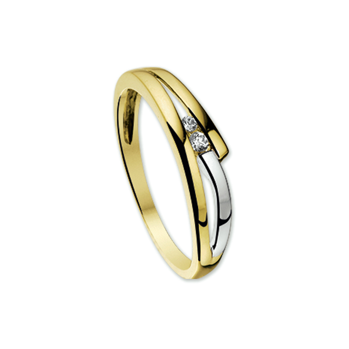 Bicolor wit- en geelgouden ring met zirkonia.