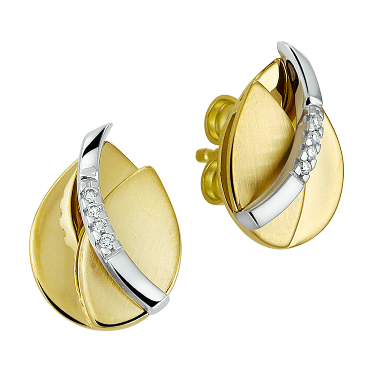 14 krt gouden bicolor wit- en geelgouden oorknoppen met diamant.
