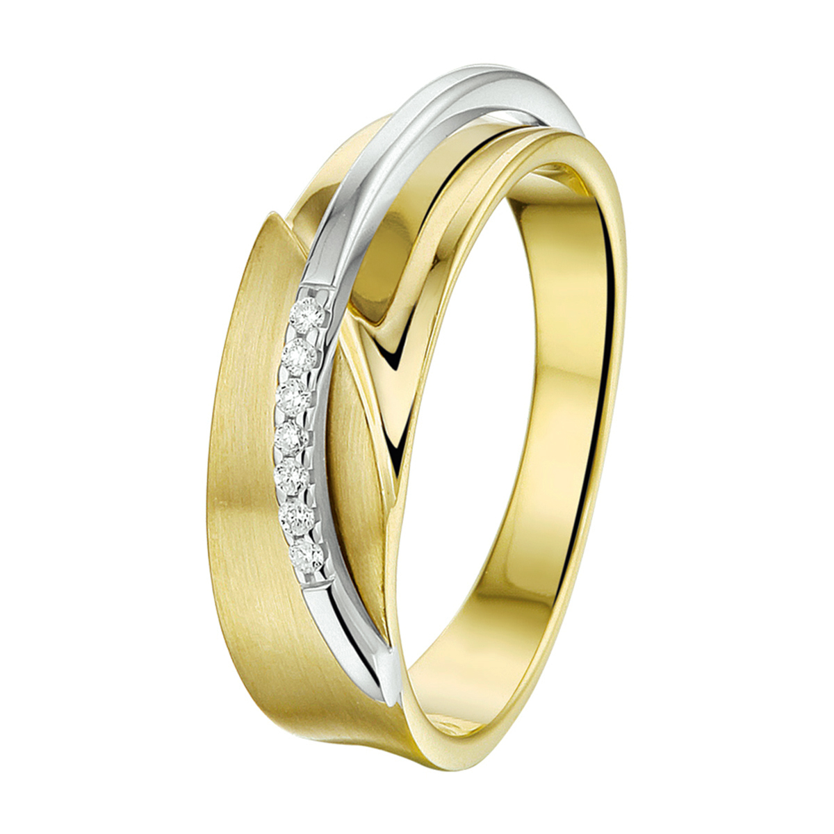 De 14-karaats gouden damesring, heeft een prachtige diamant van 0.035 ct met SI2 zuiverheid en een H-kleur. De ring heeft een breedte van 6 mm. Perfect voor een elegante uitstraling. Draag deze ring solitair of combineer met andere gouden sieraden voor een verfijnde look. Ringmaat is 56.