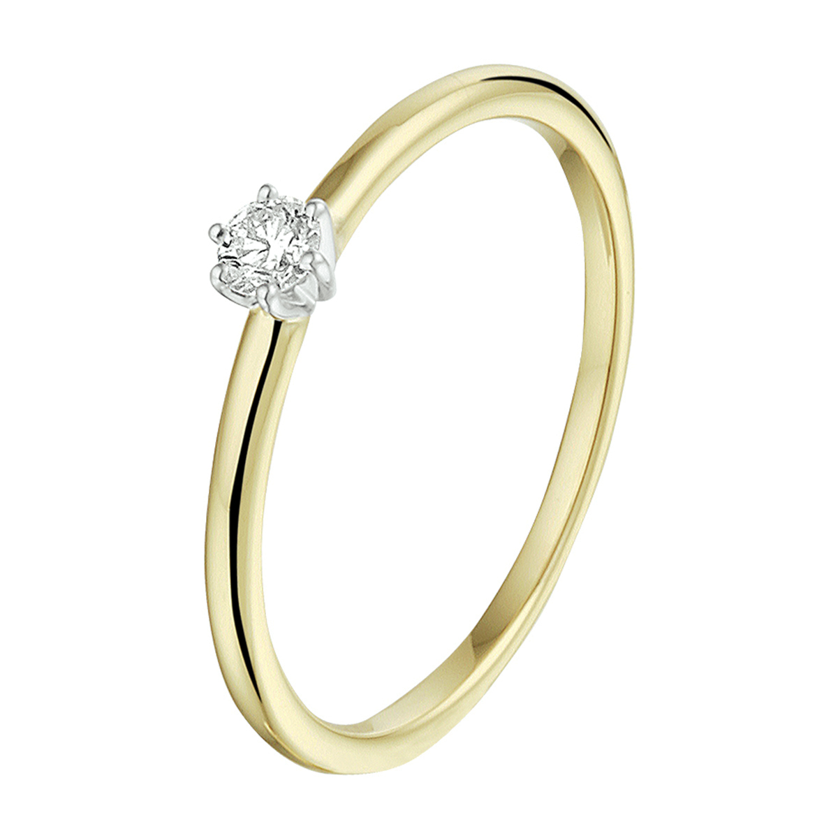 14k bicolor geel- en witgouden ring uitgevoerd met een schitterende diamant. De ring heeft een breedte van 4mm.
