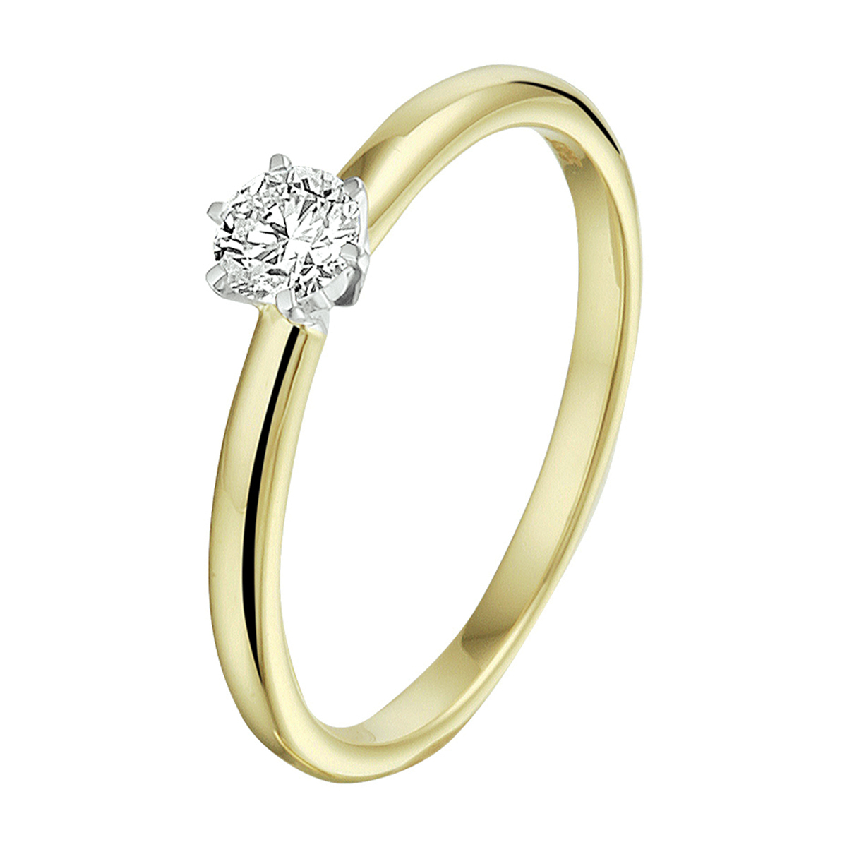 14k Bicolor geel- en witgouden ring uitgevoerd met een schitterende diamant. De ring heeft een breedte van 4.5mm.