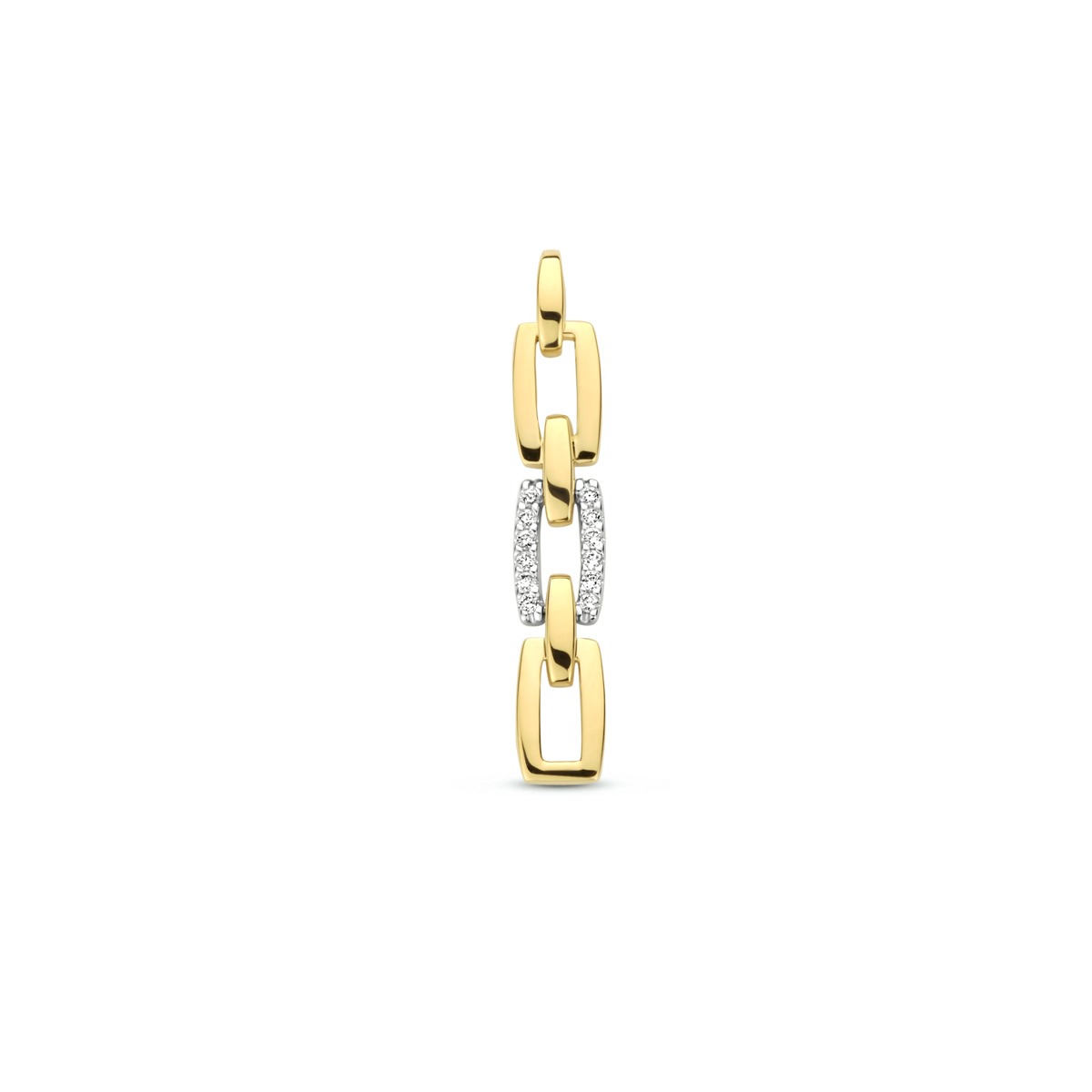 14k Bicolor geel- en witgouden hanger uitgevoerd met een schitterende diamant rij. De hanger heeft een totale hoogte van 3cm en een breedte van 5mm.