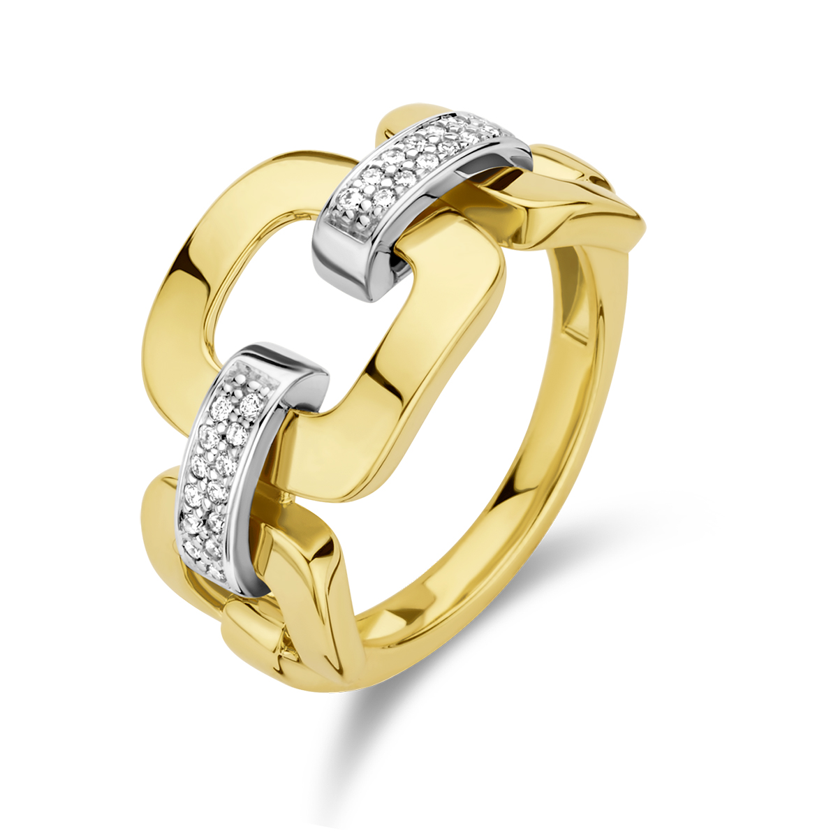14k Bicolor geel- en witgouden ring uitgevoerd met schitterend diamant. De ring heeft een breedte van 12mm. De totale diamantgewicht is 0.11ct.