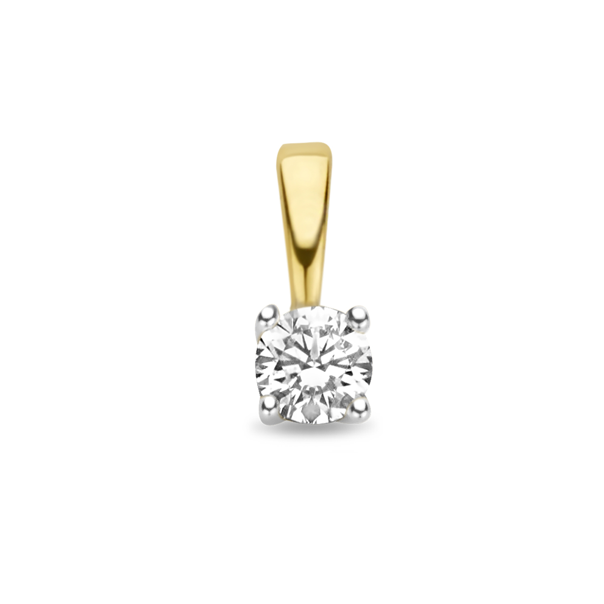 14k Bi-color geel- en witgouden hanger uitgevoerd met een schitterende diamant.
