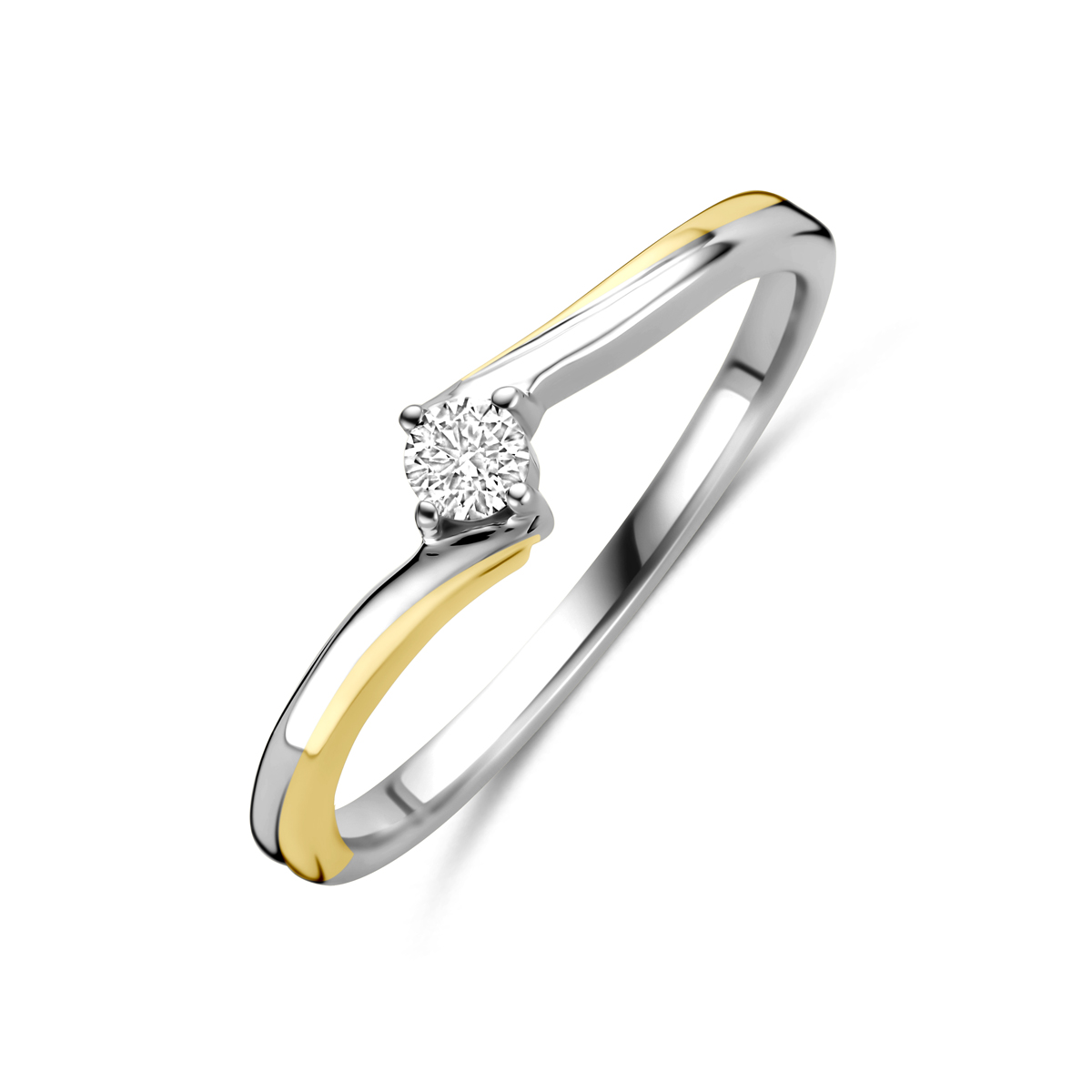 14k Geel en witgouden ring uitgevoerd met diamant. De ring heeft een breedte van 4.5mm en het diamantgewicht is 0.10ct.