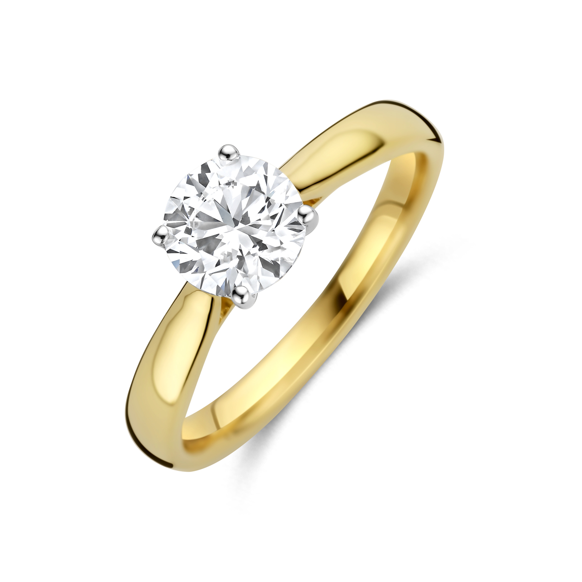 14k Geel- en witgouden ring uitgevoerd met een lab grown diamant met een totaalgewicht van 1.00ct.Lab grown diamanten zijn diamanten die ontstaan in een laboratorium. Onder extreem hoge druk en temperatuur wordt het natuurlijk ontstaansproces nagebootst met als eindresultaat een diamant met dezelfde chemische eigenschappen maar met een andere oorsprong.