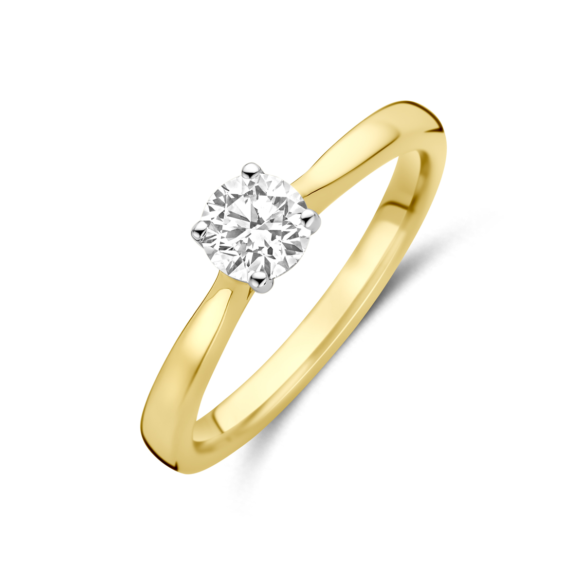 14k Bicolor geel- en witgouden ring uitgevoerd met een lab grown diamant met een totaalgewicht van 0.50ct.Lab grown diamanten zijn diamanten die ontstaan in een laboratorium. Onder extreem hoge druk en temperatuur wordt het natuurlijk ontstaansproces nagebootst met als eindresultaat een diamant met dezelfde chemische eigenschappen maar met een andere oorsprong.