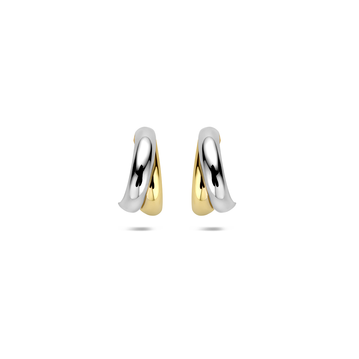 14k Bicolor geel en witgouden stekeroorringen met een afmeting van 12x6mm.