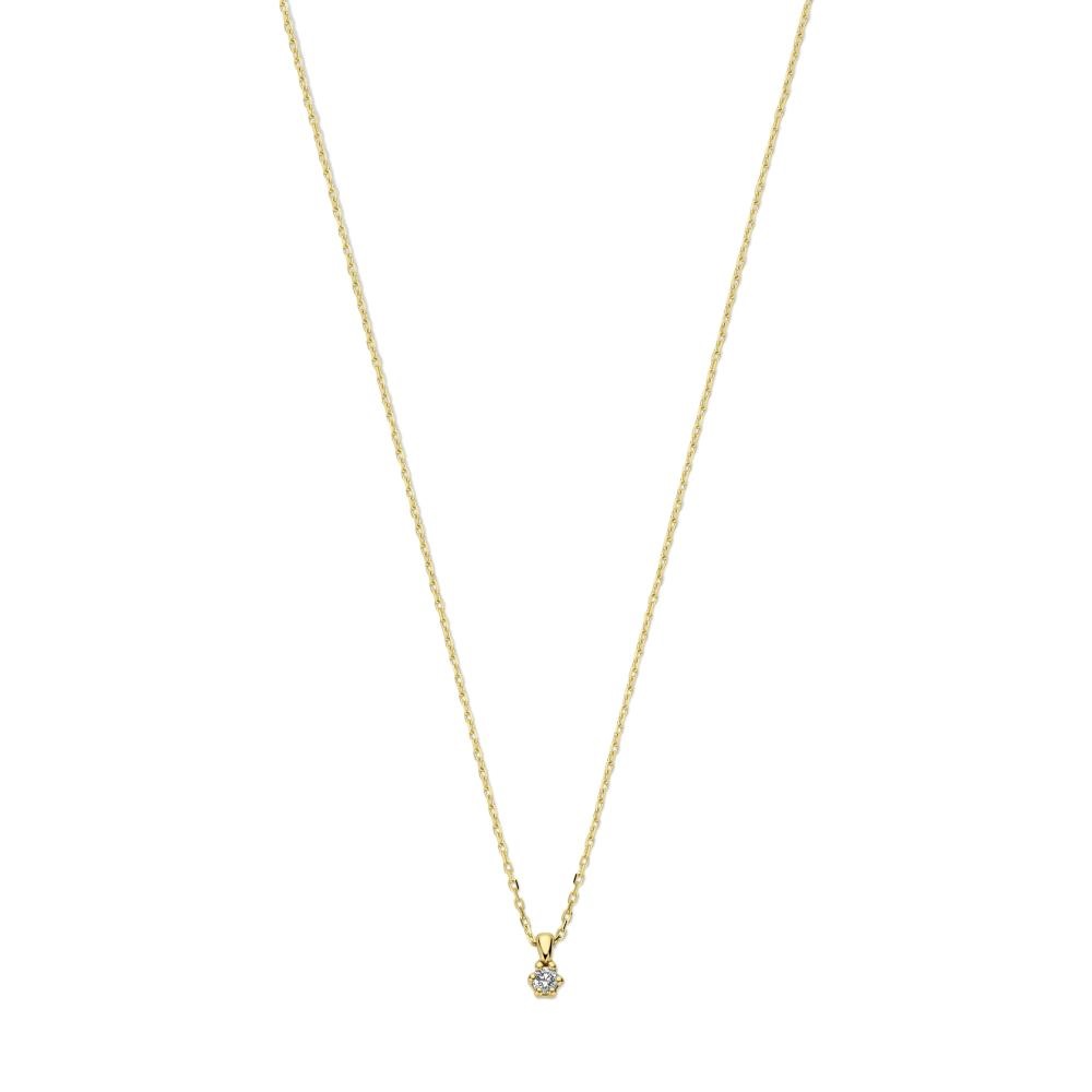 Het collier uit de Swing Jewels collectie is een subtiel, maar toch opvallend juweel dankzij het schitterende briljant geslepen diamant als hanger! Het geelgoud van de sieraad straalt optimale elegantie uit. Dit collier kan prachtig solo worden gedragen of in combinatie met andere kettingen voor een gelaagde look. Perfect voor zowel formele gelegenheden als dagelijkse stijl.