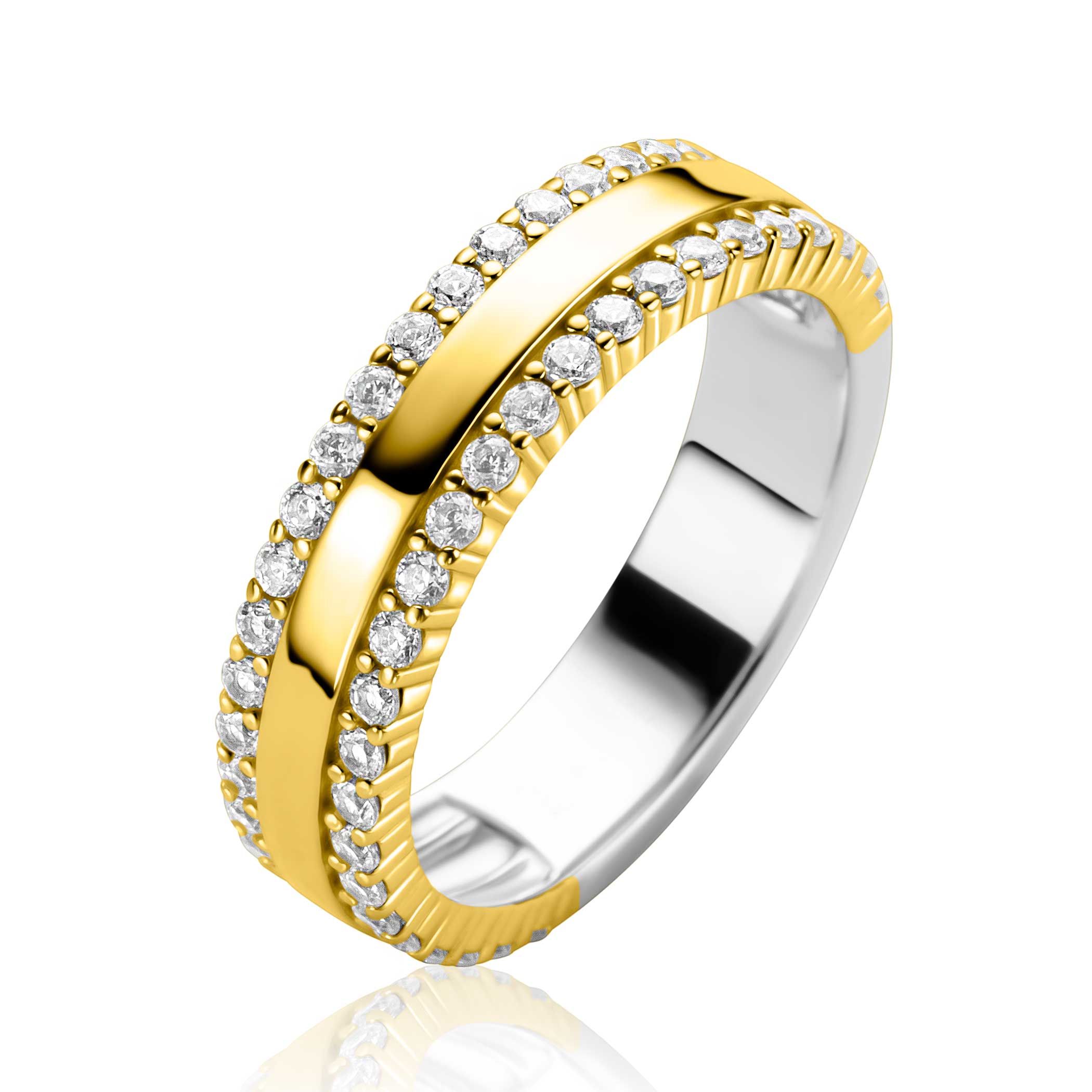 ZINZI goldplated zilveren multi-look ring met een glimmende gladde band in het midden en twee banen aan de buitenkant, schitterend bezet met witte zirconia's. Deze chique ring laat zich gemakkelijk combineren met andere sieraden! Vervaardigd van eerste gehalte zilver (925) en extra geel verguld.