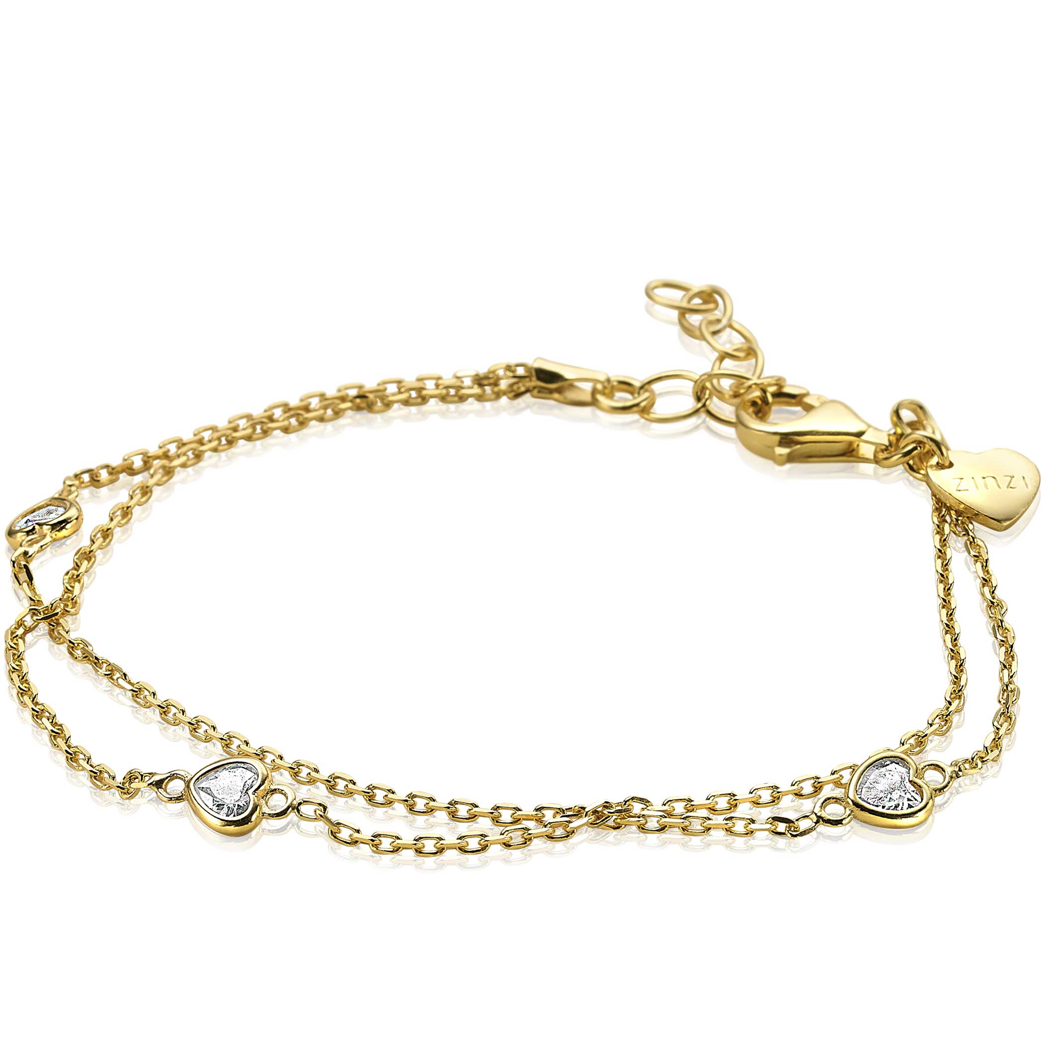 ZINZI zlv. armband gg verg. dubbel met hartjes zirc.