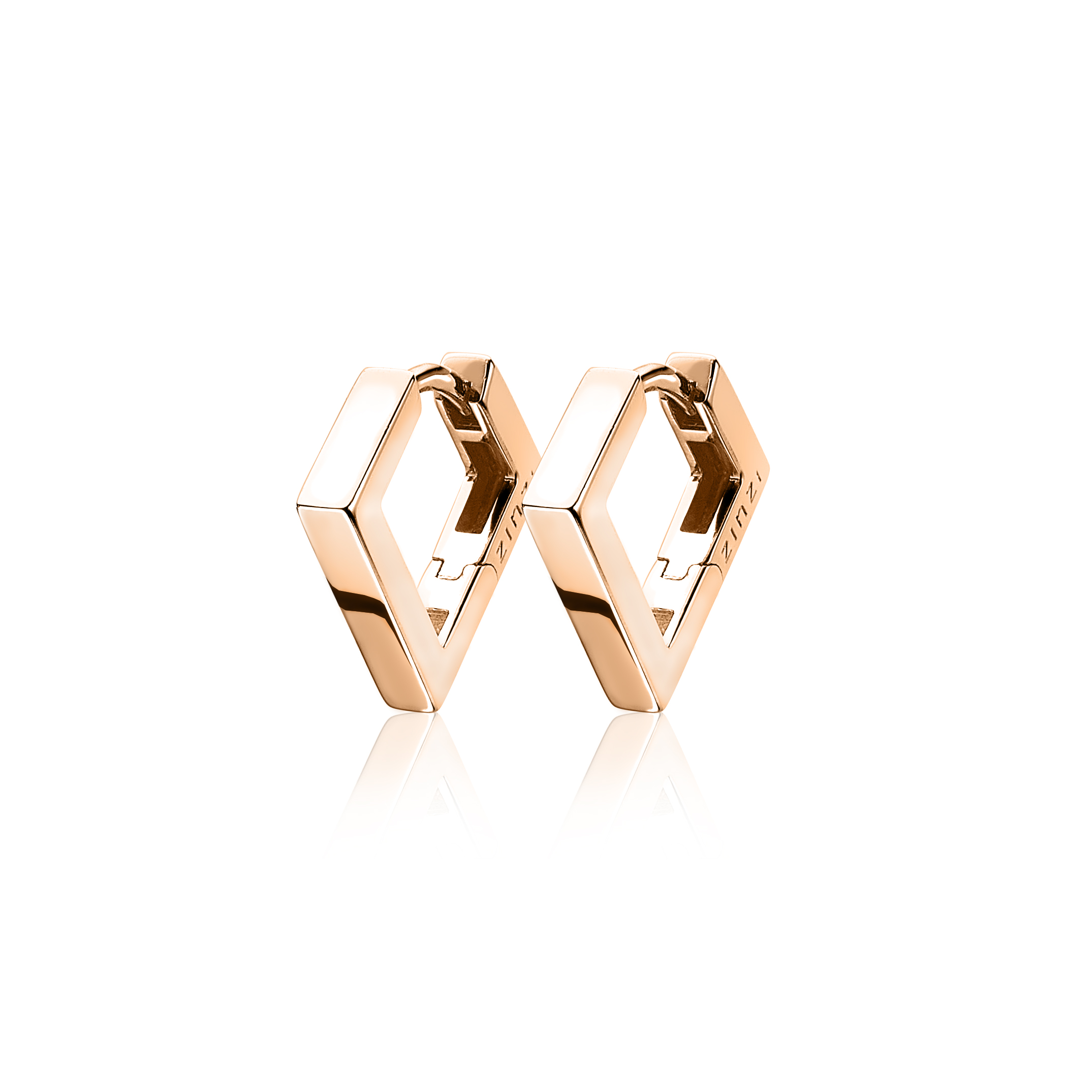 ZINZI zilveren luxe oorringen ros&eacute; verguld met een vierkante buis in driehoek vorm, met exclusieve scharniersluiting De oorringen hangen als een driehoek om je oorlel. Grootte is 18 x 2,5mm. De oorsieraden zijn vervaardigd van eerste gehalte zilver (925) en voorzien van een extra ros&eacute;goudkleurige laag.