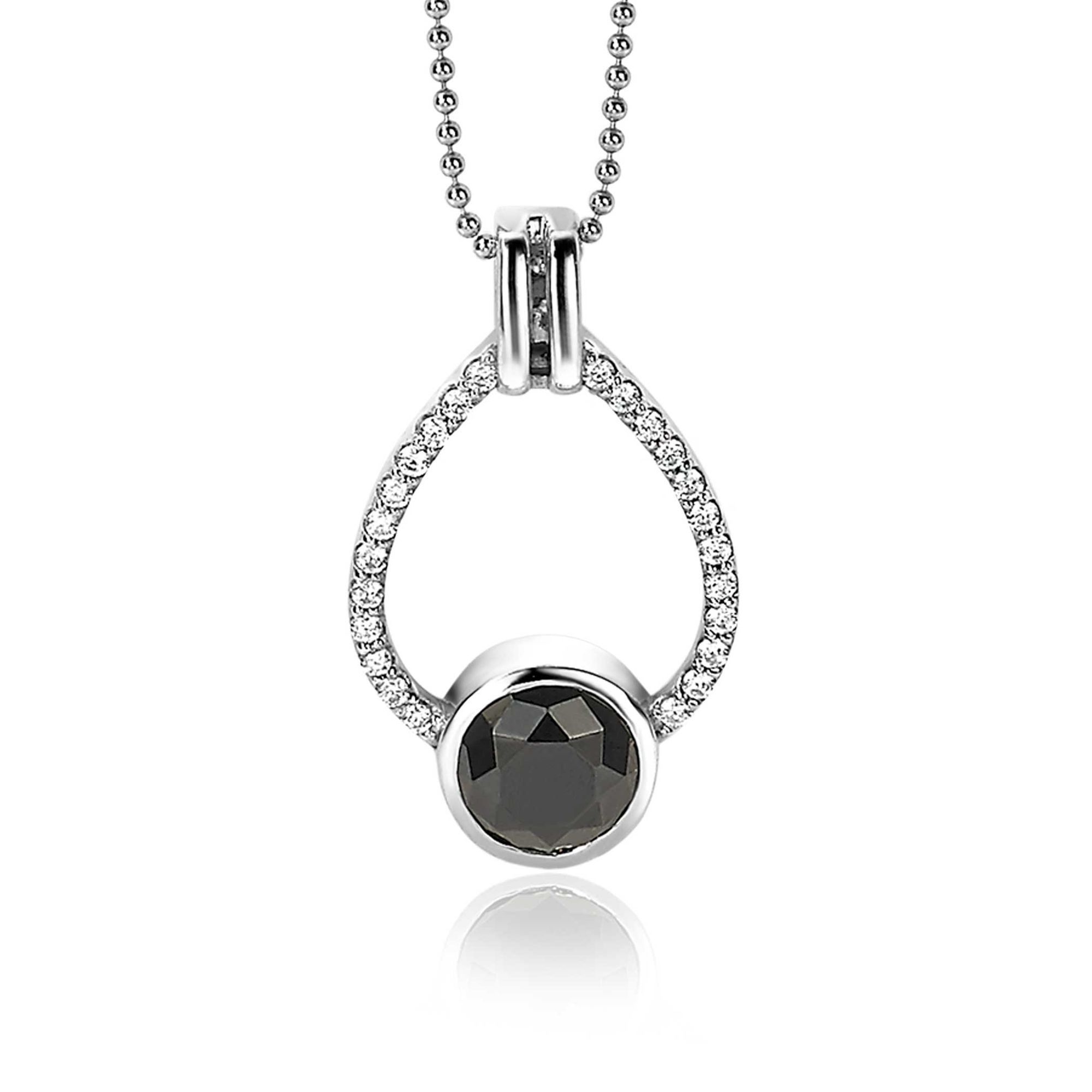 ZINZI zilveren grote fantasie hanger (32mm) met opvallende druppelvorm en onderaan een ronde zetting bezet met een zwarte zirconia. Het hangoog heeft een luxe clipsluiting, waardoor het gemakkelijk aan een ketting is te hangen. De open druppelvorm is sierlijk bezet met witte zirconia's. Maak je eigen combinatie met een bijpassende ketting. De hanger is exclusief collier geprijsd. Vervaardigd van eerste gehalte zilver (925) en voorzien van een extra rodiumlaag voor langdurige glans.
