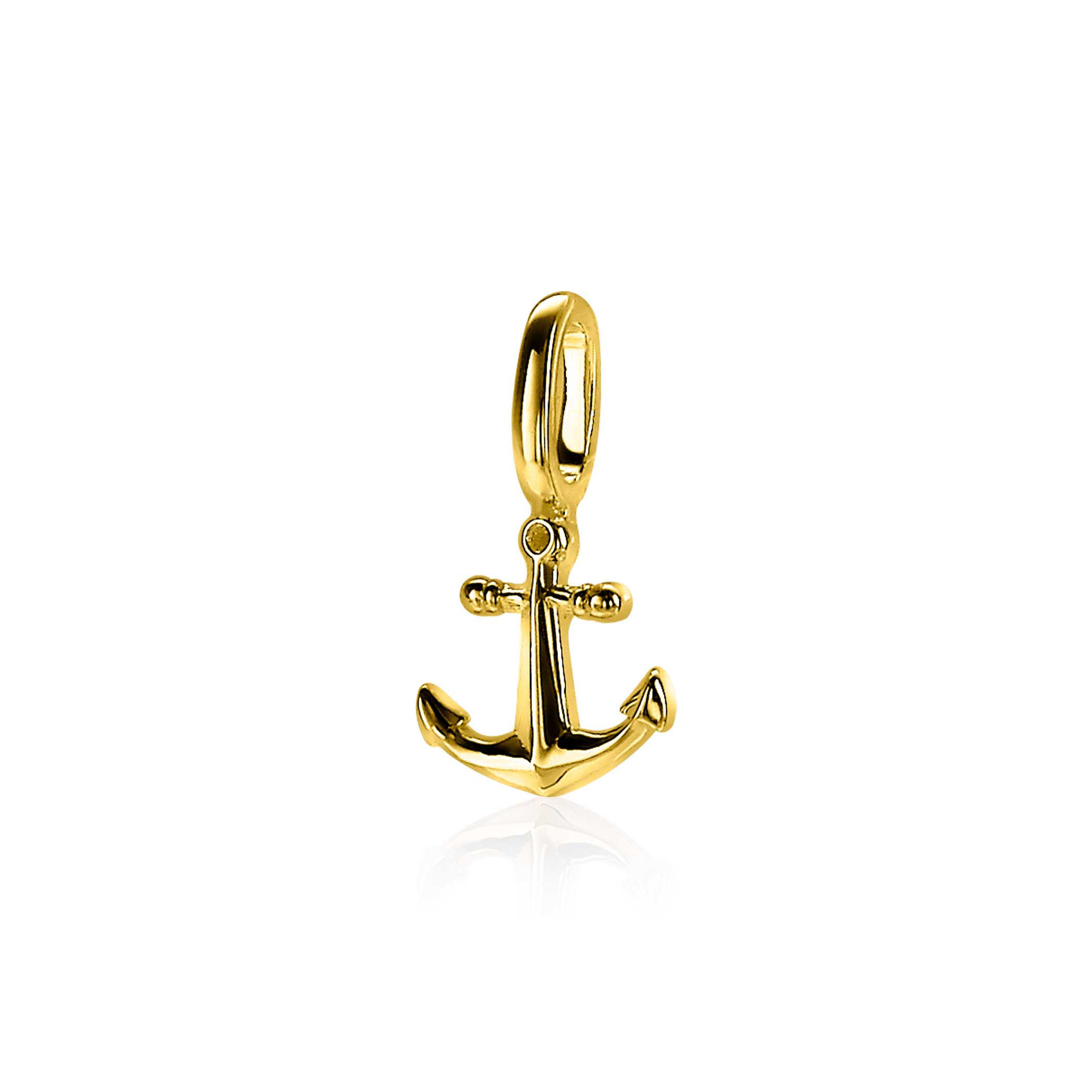 ZINZI zilveren hanger geel verguld met anker. Draag de hanger los aan je ketting of hang de hanger sierlijk met meerdere hangertjes aan de trendy sluitring. H&eacute;t nieuwe wisselsysteem voor mooie subtiele hangertjes van Zinzi. Mix & match en maak je hanger extra persoonlijk. Vervaardigd van eerste gehalte zilver (925) en voorzien van een extra geelgoudkleurige vergulding.
