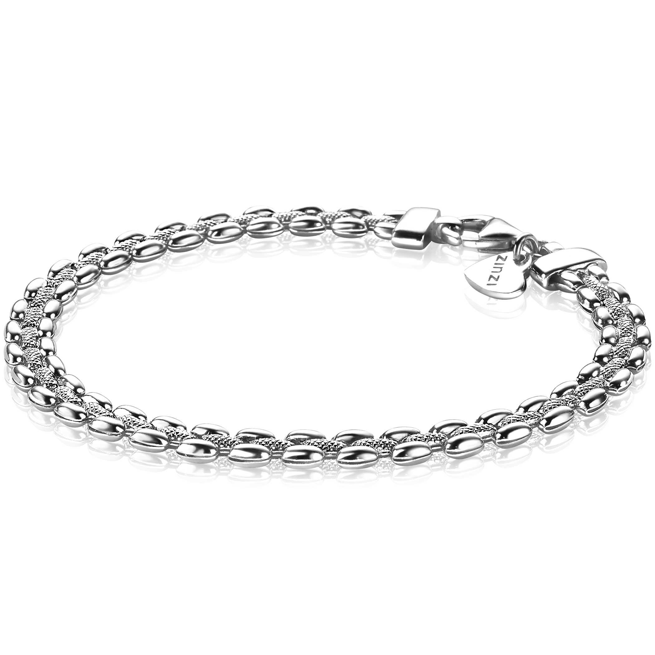 ZINZI zilveren luxe armband met rolex-style schakels. De breedte van de armband is 5mm. De middenbaan van de schakels is mooi gesatineerd. In combinatie met het glanzende zilver, geeft het deze armband een stijjlvolle look. Bij sluiting herkenbaar ZINZI, door het zilveren Zinzi hartje. Vervaardigd van eerste gehalte zilver (925) en voorzien van een extra rodiumlaag voor een langdurige glans.