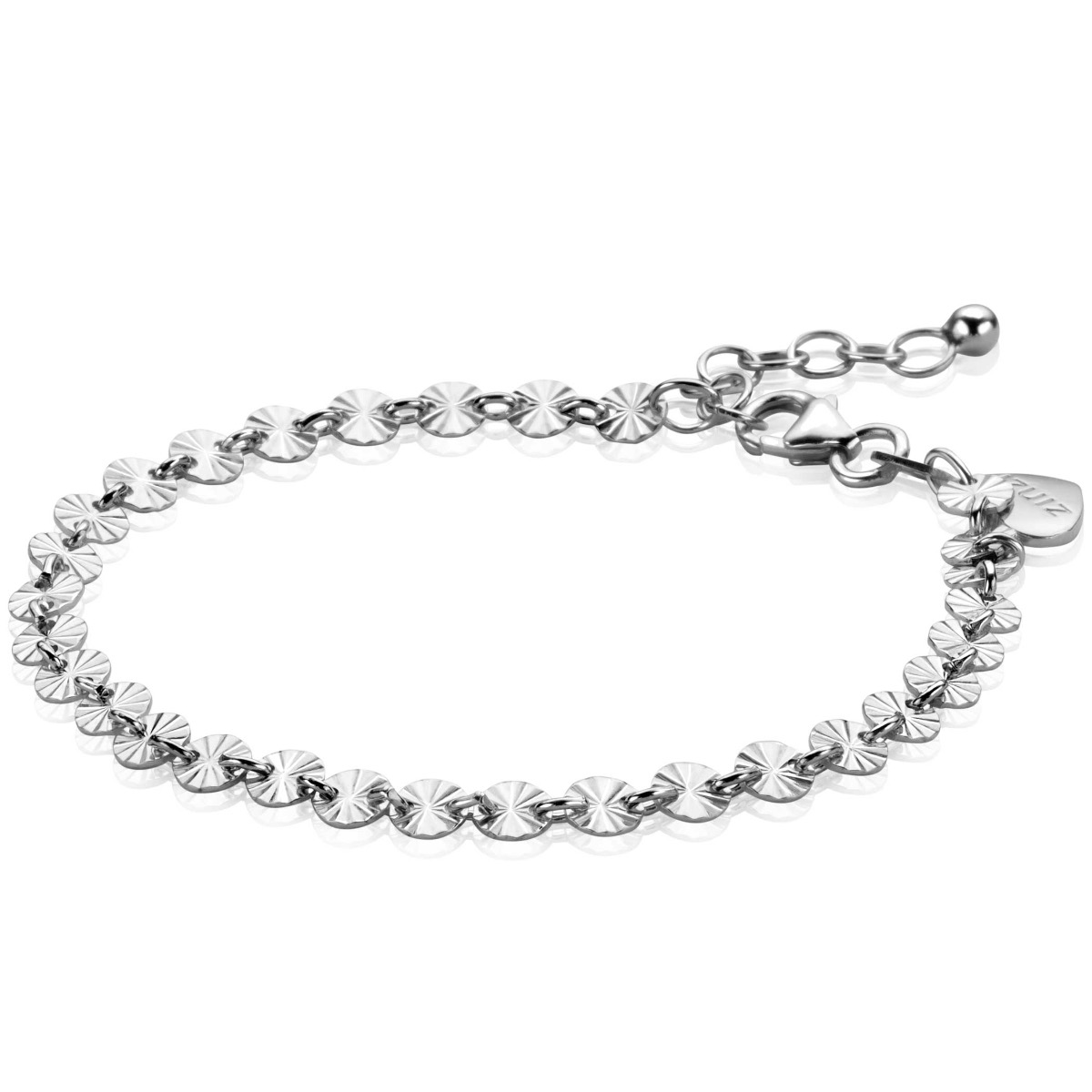 ZINZI zilveren armband met ronde schakels met zonnestralen-design. Deze stralende armband heeft ronde schakels met een diameter van 4,3 mm. Voorzien van een goede sluiting met daarnaast een herkenbaar Zinzi hartje. De armband is vervaardigd van eerste gehalte zilver (925) en voorzien van een extra rodium laag voor een witgouden uitstraling.