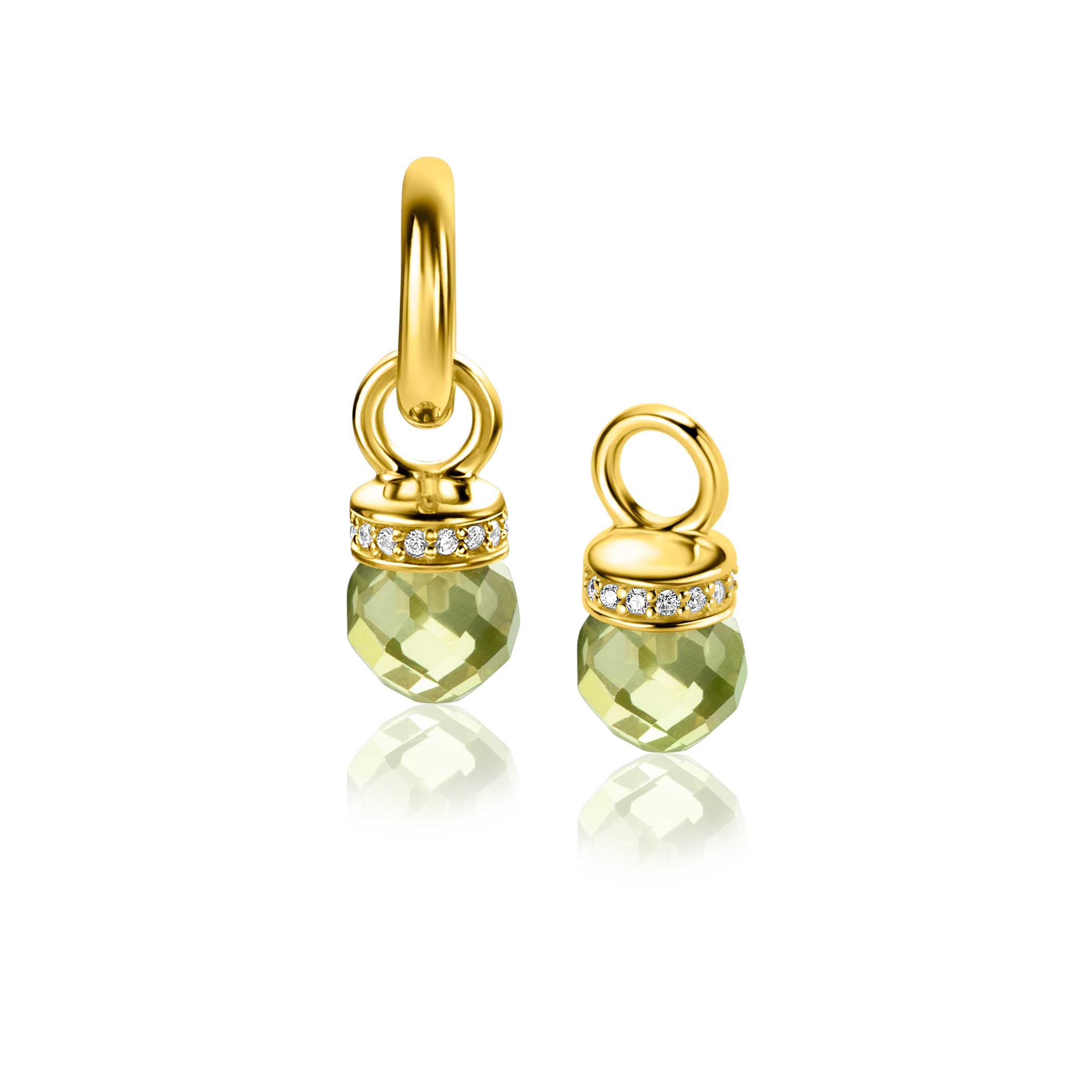 ZINZI gold plated zilveren oorbedels met ronde groen peridot kleurstenen en bezet met witte zirconia's ZICH2428 (excl. oorringen)