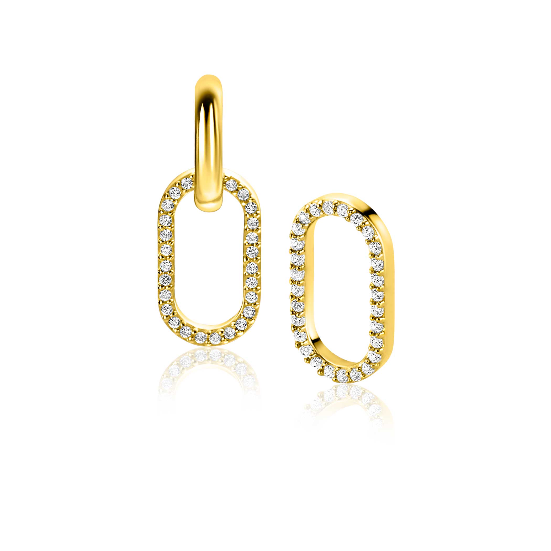 ZINZI gold plated zilveren oorbedels in ovale vorm (15mm), bezet met witte zirconia's. Hang deze oorbedels sierlijk aan je zilveren ZINZI oorringen. De oorringen zijn niet bij de prijs inbegrepen. Vervaardigd van eerste gehalte zilver (925) en extra geelverguld.