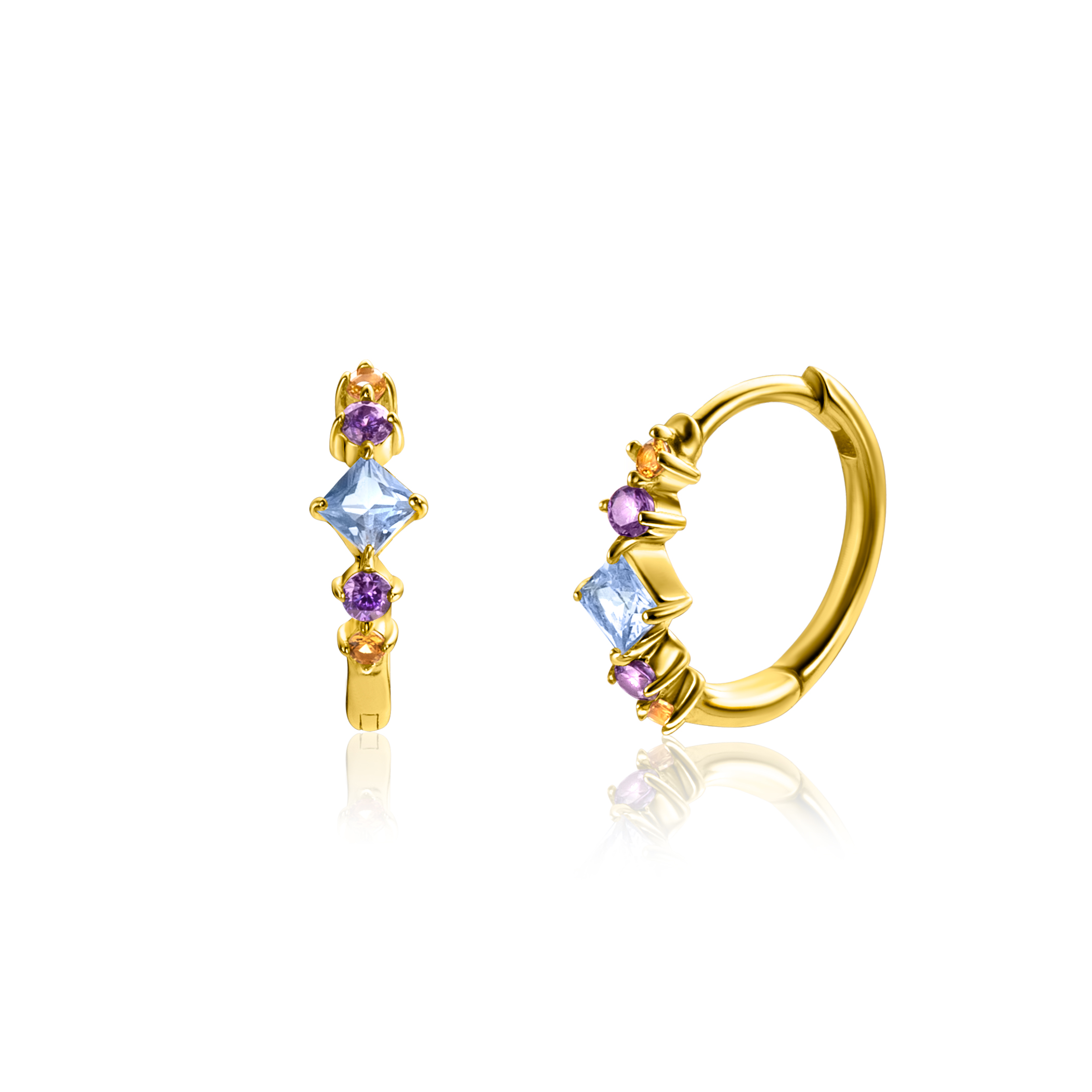 ZINZI gold plated zilveren oorringen 15mm met blauw, paars en champagne kleurstenen in ruitvorm. Met gemakkelijke scharnier-sluiting. Het klik-systeem maakt dat de oorringen gemakkelijk in te doen zijn en heel comfortabel dragen. Vervaardigd van eerste gehalte zilver (925) en extra geelverguld.