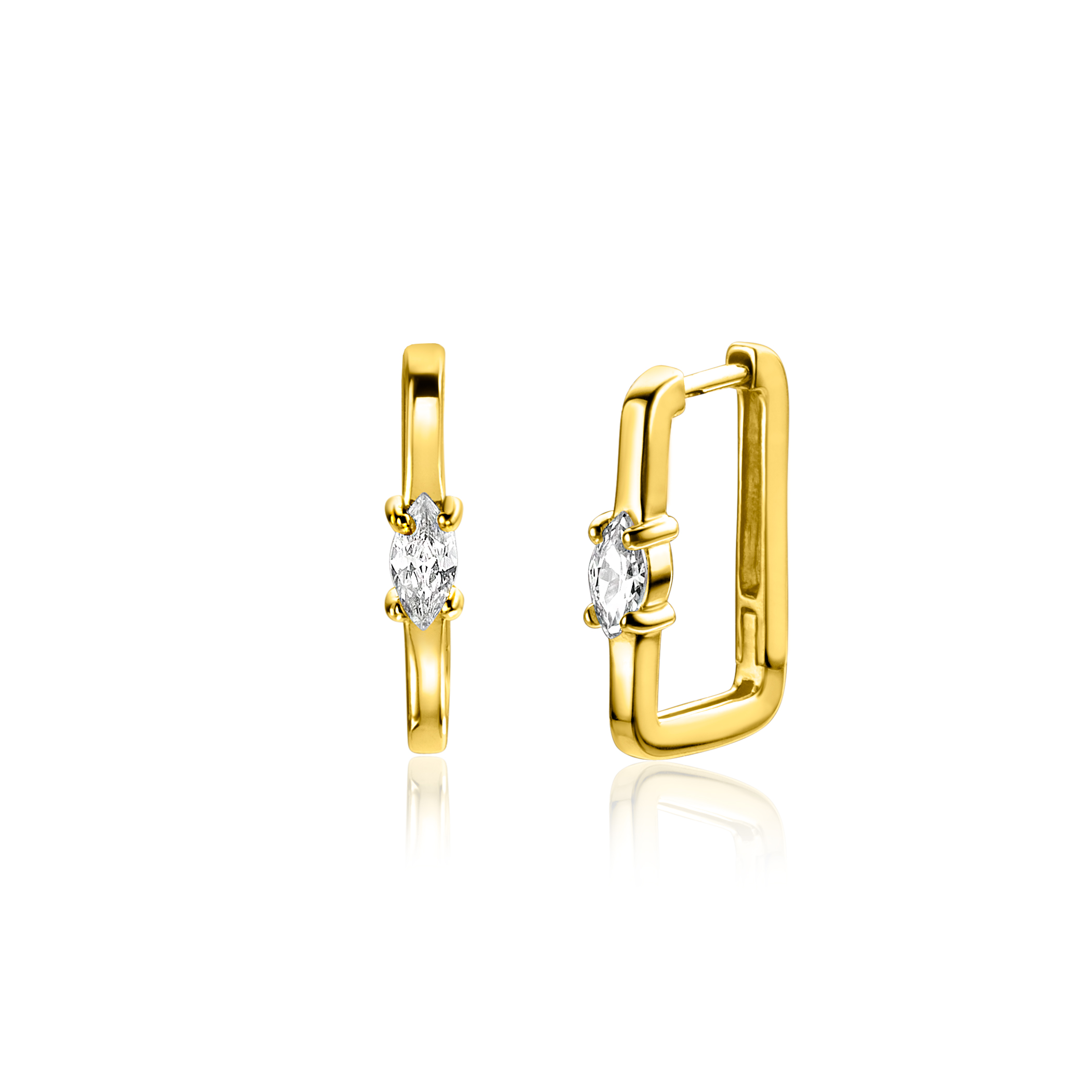15mm ZINZI gold plated zilveren rechthoekige oorringen ovale witte zirconia met luxe klapsluiting 15mm x 2mm vierkante buis