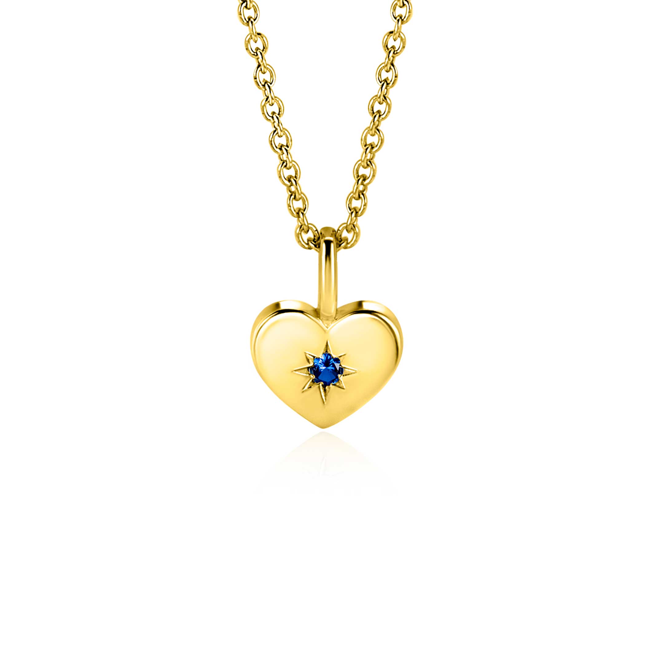 BIRTHSTONE gold plated hart hanger 12mm SEPTEMBER, staat symbool voor iemand die in de maand september is geboren. In september is de geboortesteen 'saffier blauw zirkonia'. Iedere geboortesteen heeft haar eigen betekenis. De hanger is vervaardigd van eerste gehalte zilver (925) en voorzien van een extra geel vergulding.