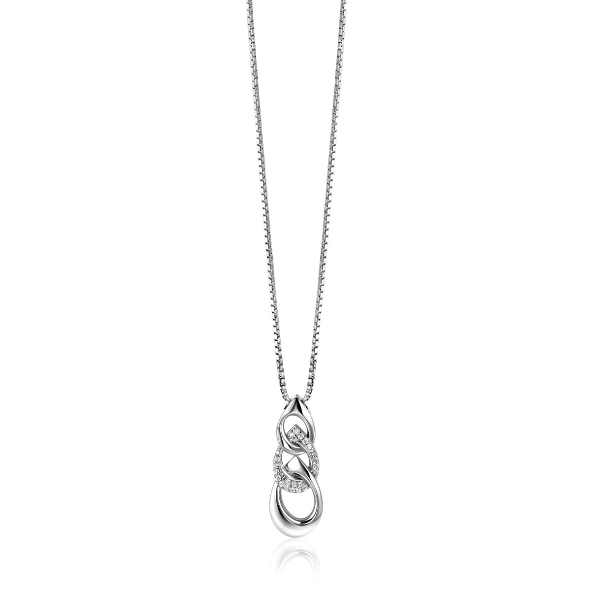 45cm Mart Visser by ZINZI zilveren venetiaanse ketting inclusief hanger met drie open peervormige schakels 30mm, bezet met witte zirconia's MVC24