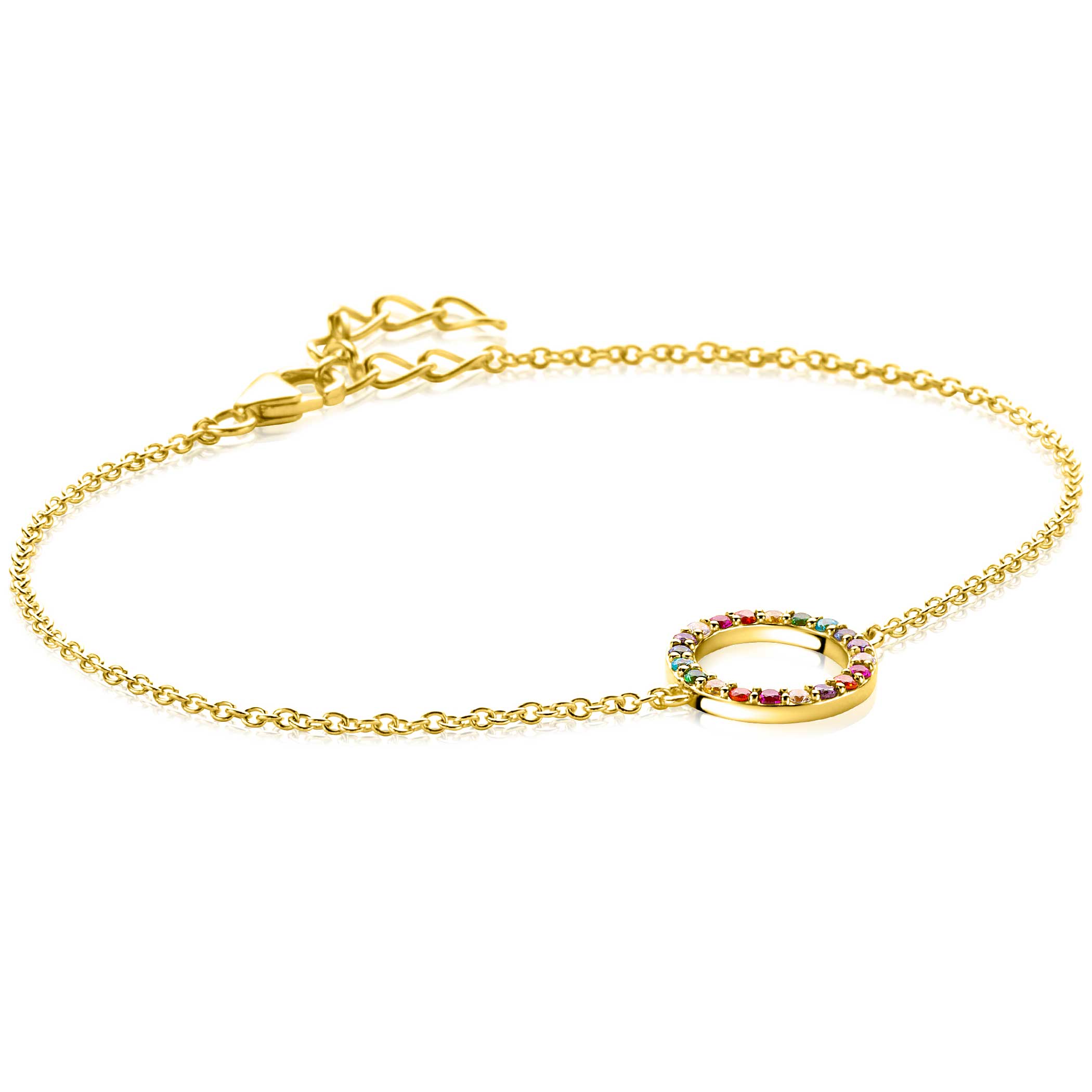 ZINZI gold plated zilveren armband met open rondje 12mm bezet regenboog 17-20cm ZIA2170