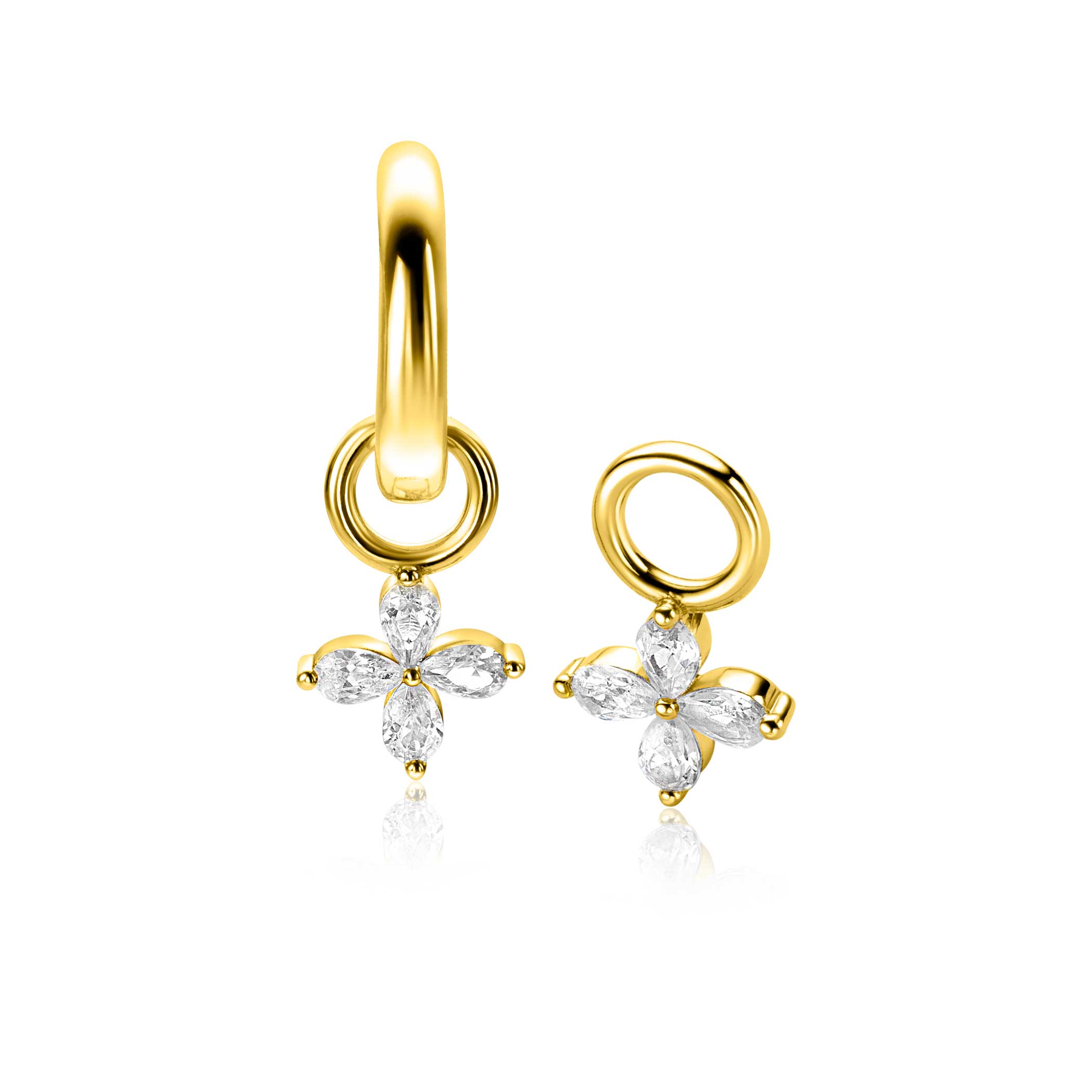 ZINZI gold plated zilveren oorbedels met bloem bezet met 4 druppelvormige zirconia's  (zonder oorringen)