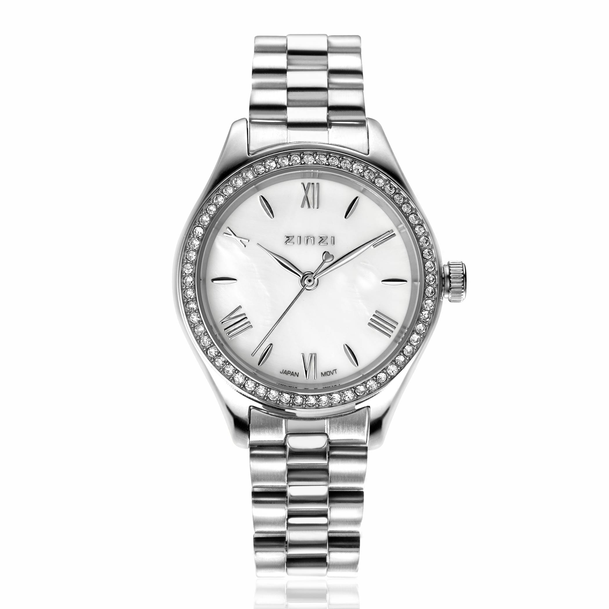 Het TRESOR dameshorloge heeft een schitterend stijlvol ontwerp. De horlogekast van 32mm is rondom bezet met witte zirkonia's. Voorzien van een witte parelmoer wijzerplaat, met zilverkleurige romeinse cijfers en zilverkleurige stalen schakelband met chique clip-sluiting. Leuk detail: de seconde wijzer met een subtiel hartje. Ook 5atm waterbestendig (tegen regen en spatwater) en met sterk mineraal glas.
