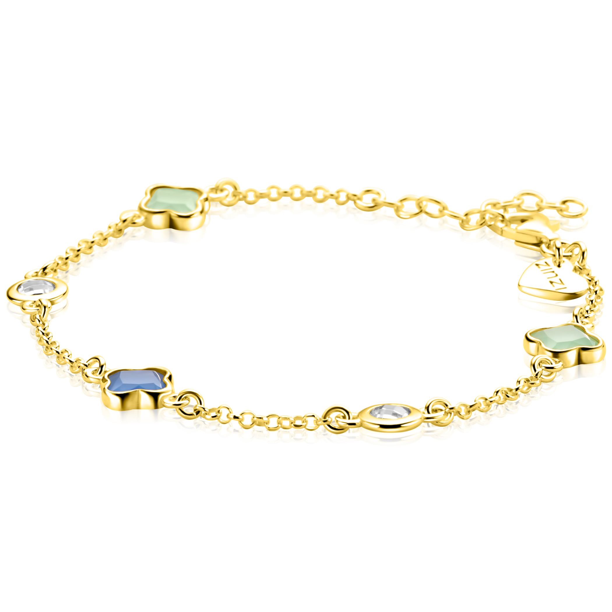 ZINZI zlv. armband gg.verg.klavers blauw/groen/zirc