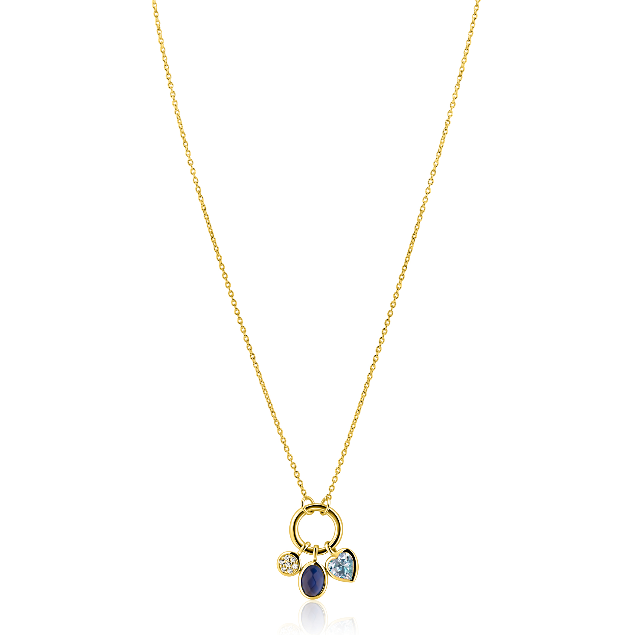 ZINZI gold plated zilveren ketting met ronde sluitring en drie luxe bedels 42-45cm.