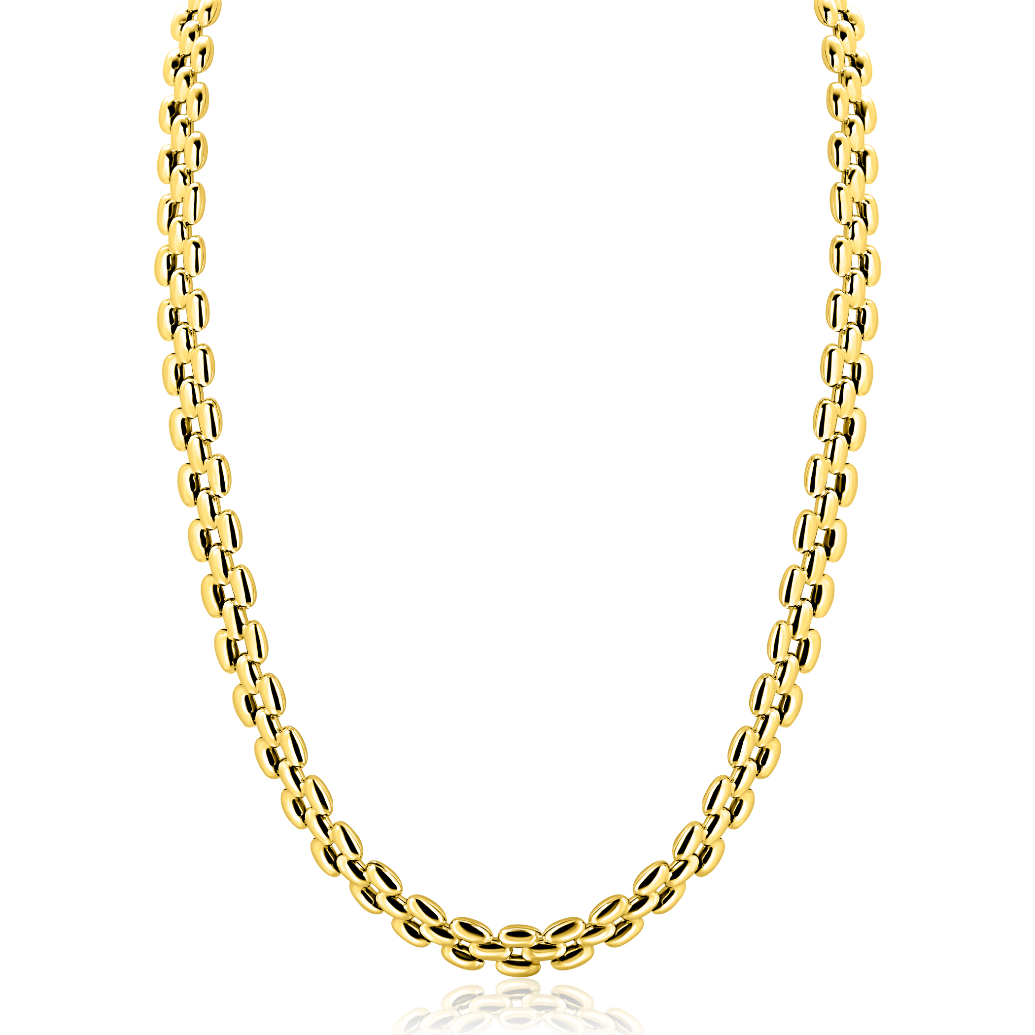 gold plated zilveren brede rolex-style schakel-collier, de luxe schakels zijn 8mm breed. De lengte van het collier is 43cm. Het collier is vervaardigd van eerste gehalte zilver (925) en extra geel verguld.