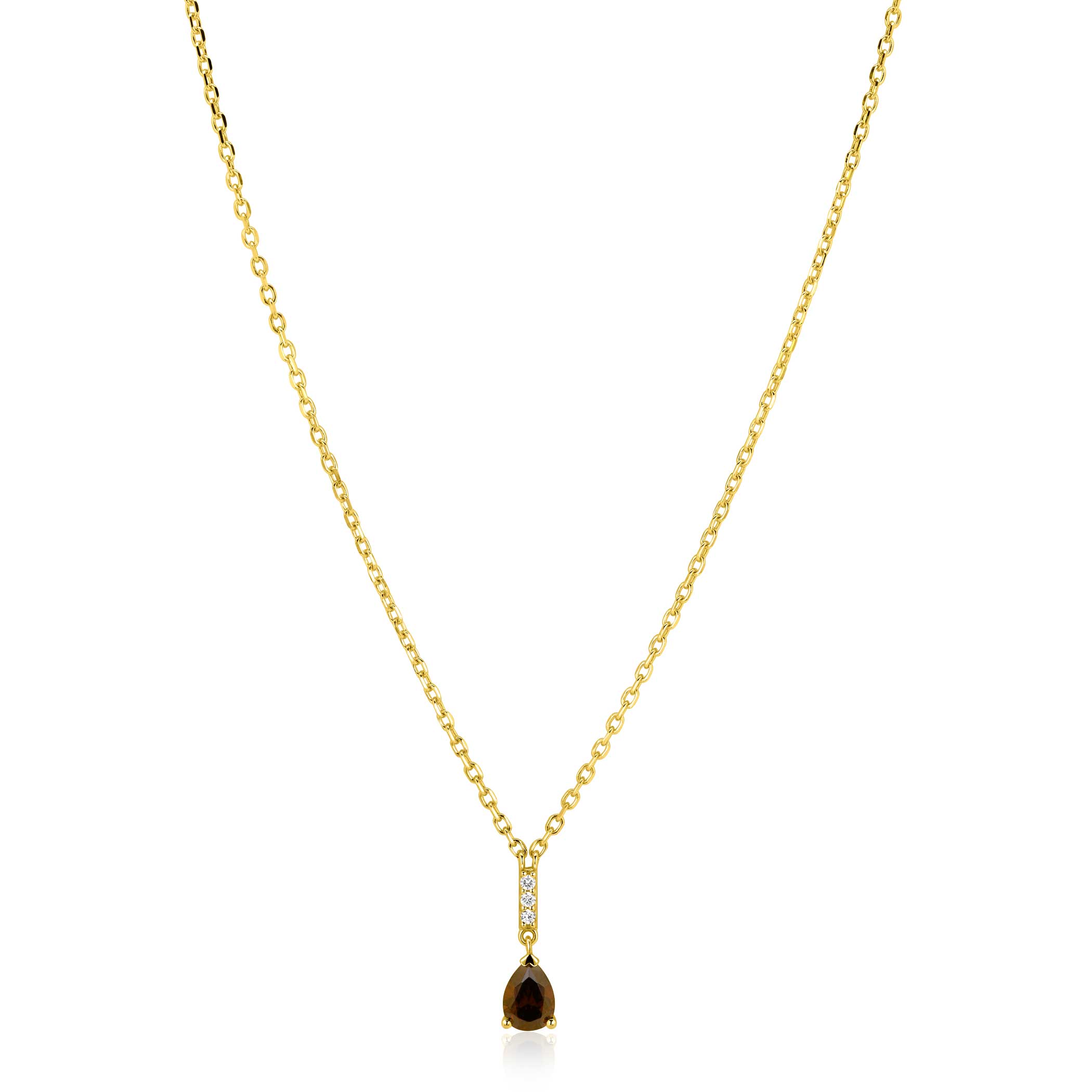 De ZINZI zlv. collier ZIC2804 is een elegante ketting met een staafje bezet met zirconia's en een peer in bruin. Gemaakt van zilver en goudkleurig, voegt het een verfijnde touch toe aan elke outfit. Perfect voor formele bijeenkomsten of een chique avondje uit. Combineer met bijpassende oorbellen voor een complete look.