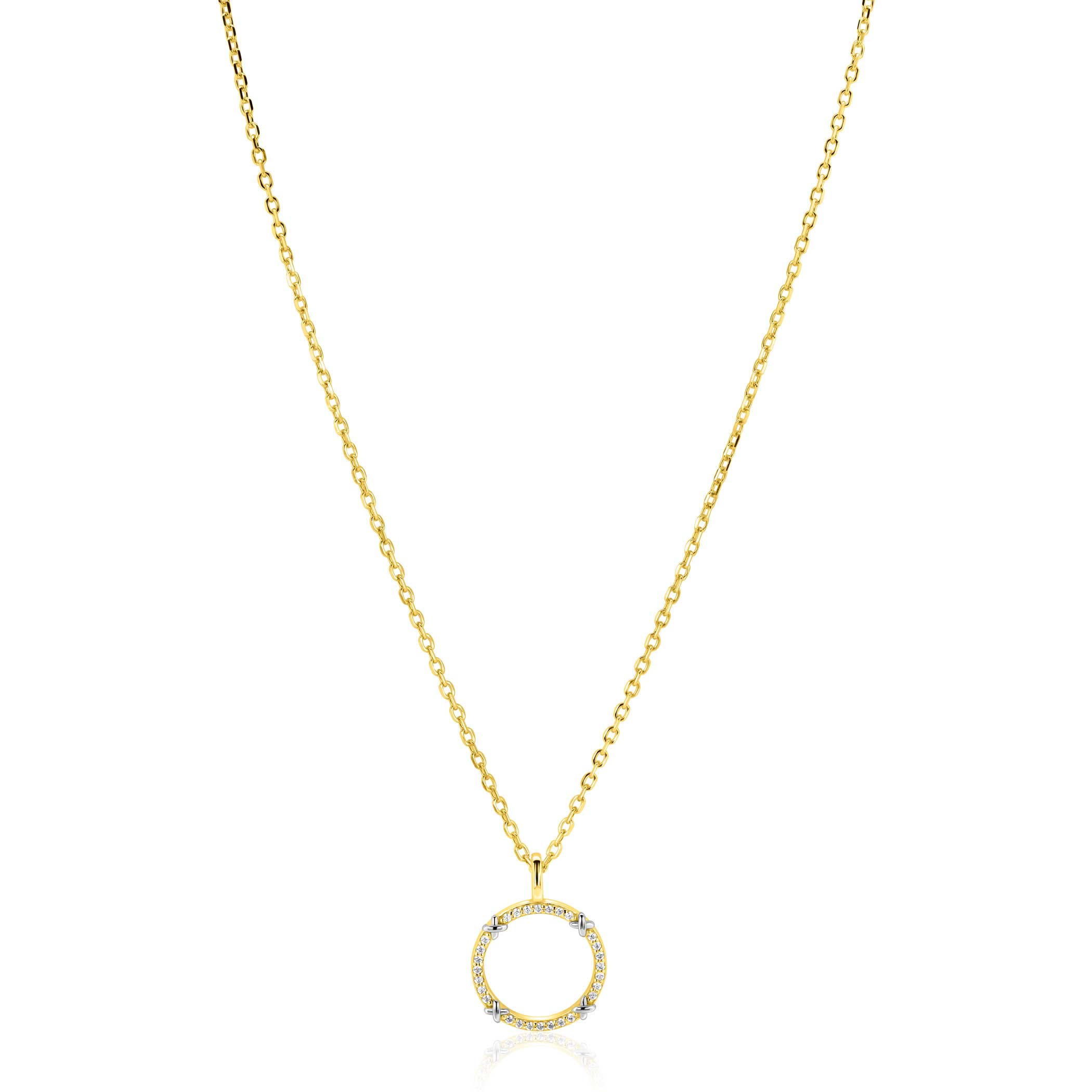 ZINZI goldplated zilveren ketting 45cm met open ronde hanger, verfraaid met X-details en witte zirkonia&rsquo;s ZIC2814