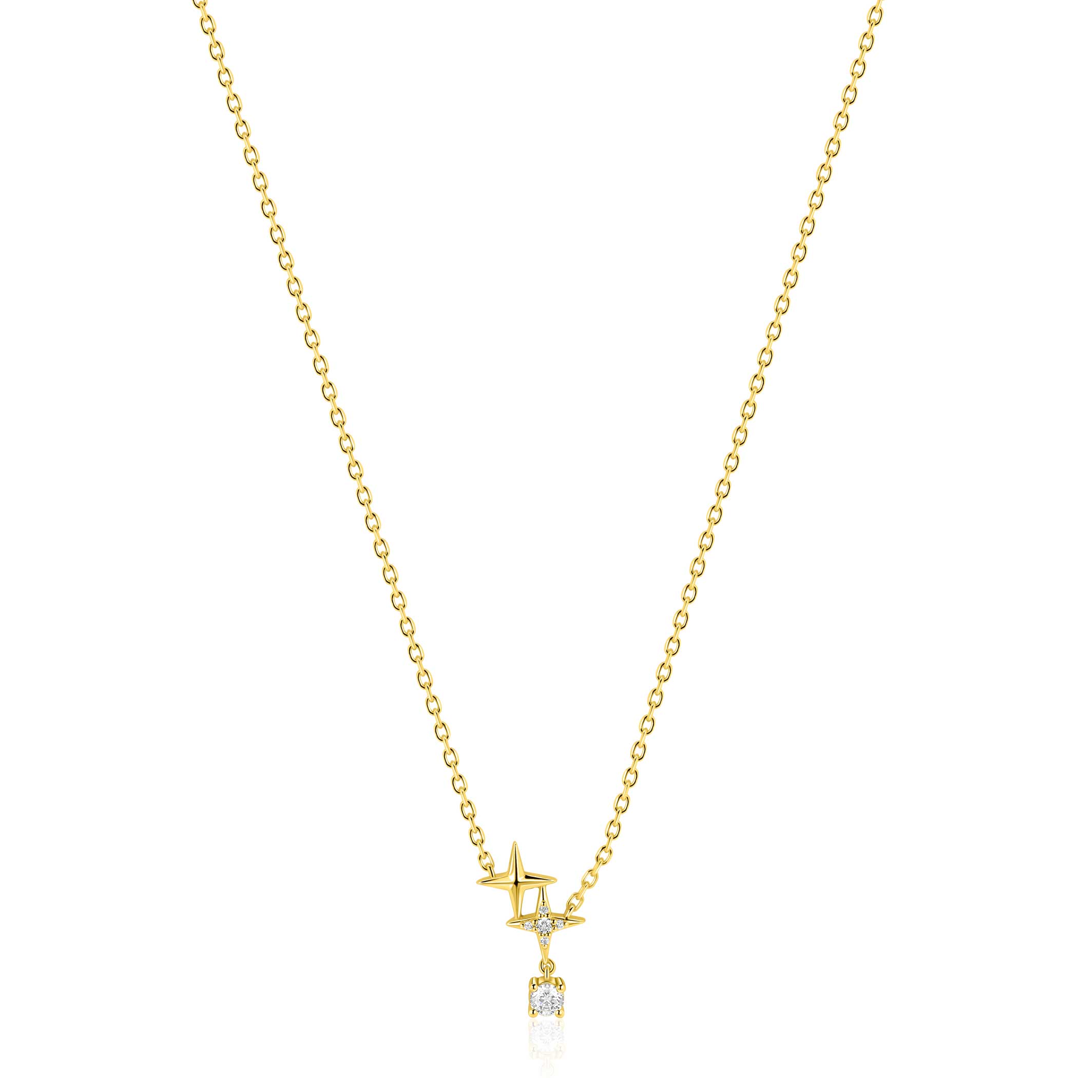 ZINZI goldplated zilveren ketting 45cm 'sterrendans' met twee speelse sterren en bungelende witte zirkonia ZIC2837