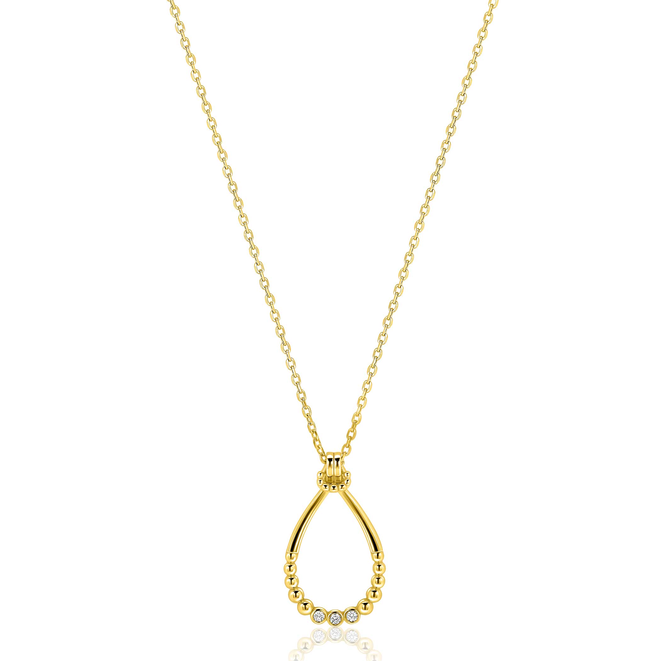 ZINZI goldplated zilveren ketting 45cm met open druppelvormige hanger, met bolletjes en drie witte zirkonia&rsquo;s ZIC2839Y