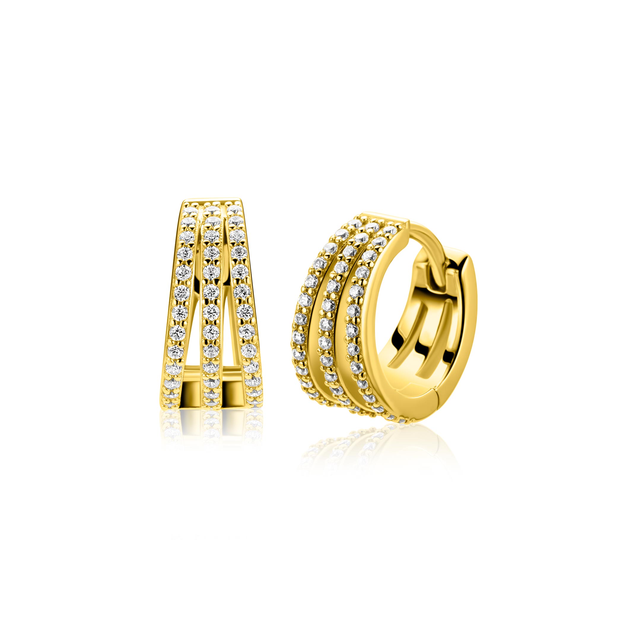 De ZINZI creolen, modelnummer ZIO2727Y, zijn elegante sieraden met een opvallend multilook-design, bestaande uit 3 banen ingelegd met zirkonia. Gemaakt van zilver en verguld in goudkleur, stralen ze luxe uit. Combineer ze met een chique avondoutfit of voeg een vleugje glamour toe aan je dagelijkse look. Perfect voor elke gelegenheid.